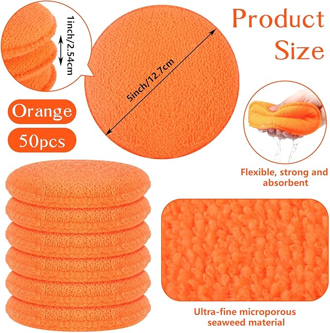Tanlade 50 Pcs Car Detailing Microfiber Applicator Pad Wax Applicator Wash Microfiber Pads, 5 Inch Diameter (Orange)