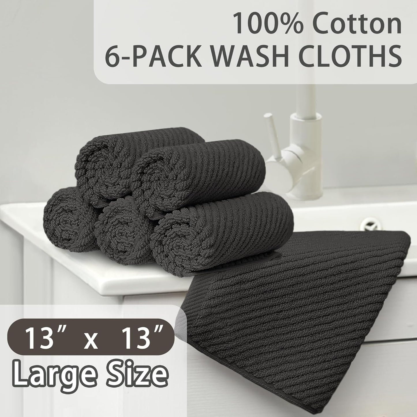 VOOVA & MOVAS Grey Washcloths (6PC, 13"x13") - 100% Cotton | Thick | Quick Dry | Light Weight, 6 Pack Hand Towels, Wash Cloths for Showering, Bathroom Gift Set, Dark Gray