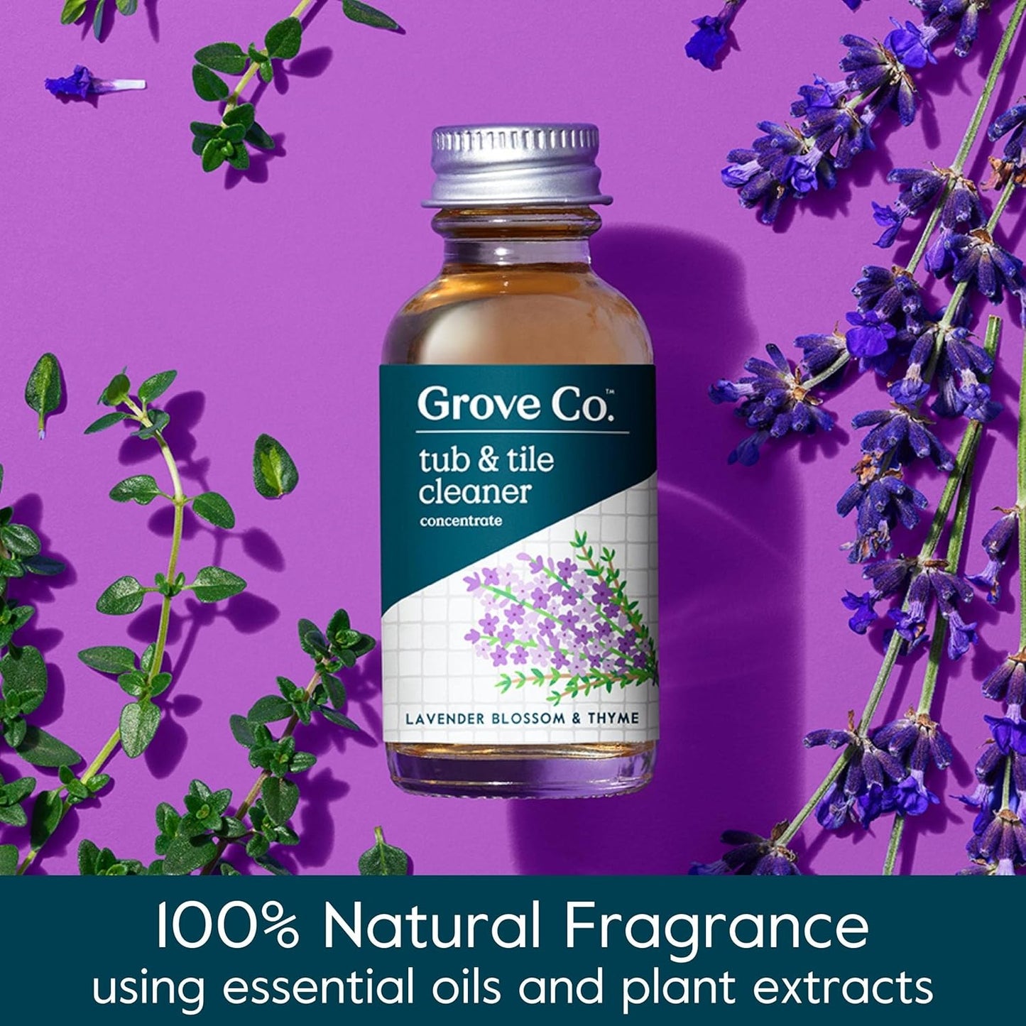Grove Co. Tub and Tile Cleaner Refill Concentrate (2 x 1 Fl Oz) + 1 x Reusable Glass Spray Bottle (16 Oz) Plant-Based Cleaning Supplies Bundle, No Plastic Waste, Lavender & Thyme Scent
