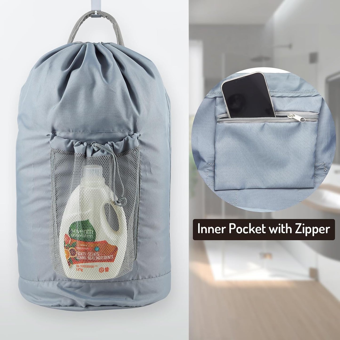 Backpack Laundry Bag, Large Laundry Backpack with Detergent Holder and Adjustable Shoulder Straps for College Travel Dorm Room (Gray)