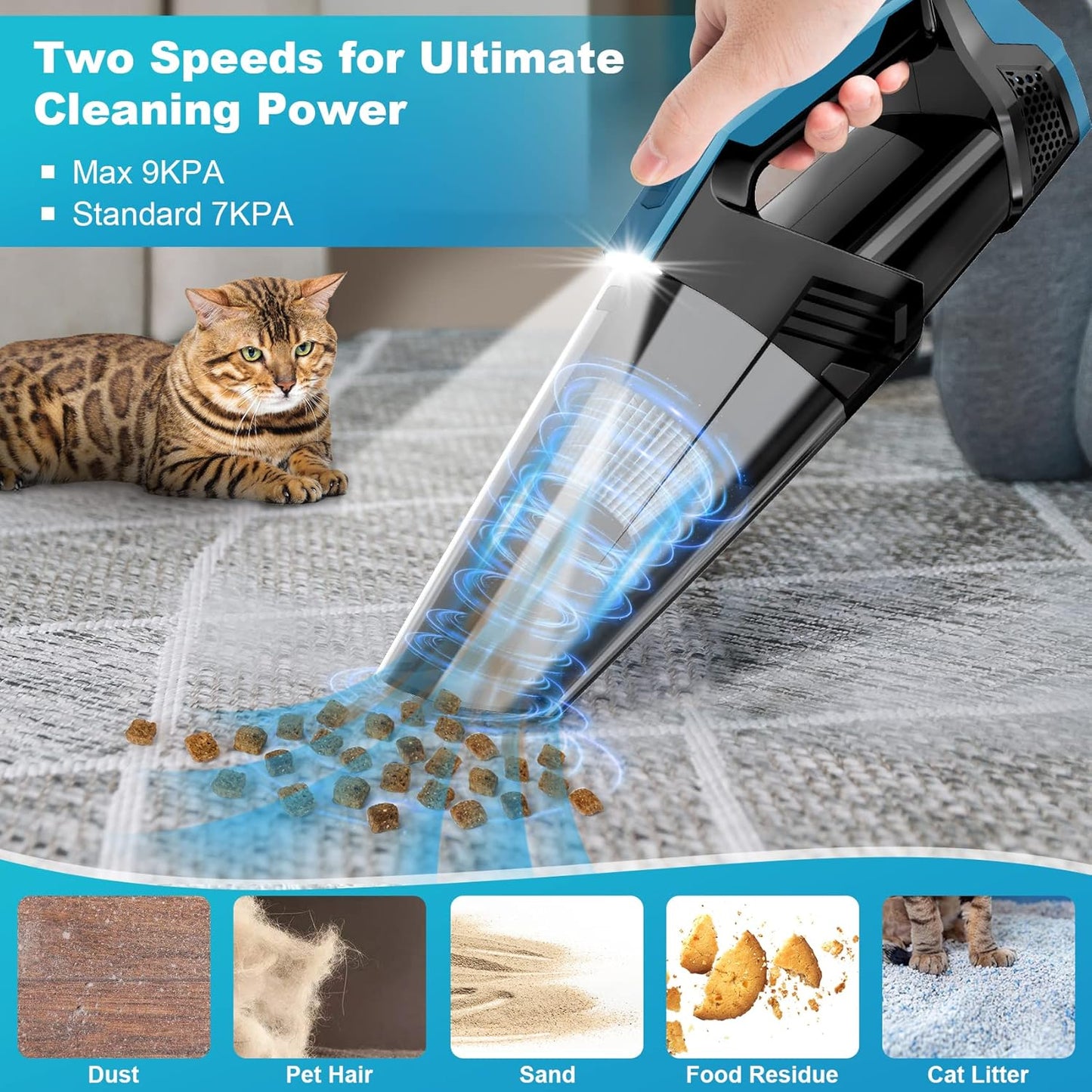 Cordless Car Vacuum Lightweight High Power Handheld Vacuum Cleaner with LED Light, Hand Vacuum for Car Home Office and Pet Hair, BlackBlue