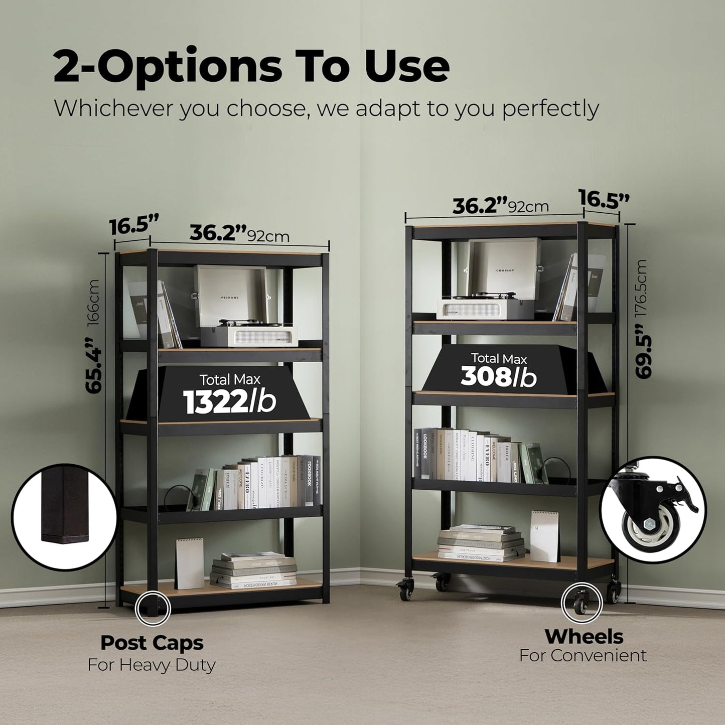 HOMEDANT House 5-Tier Metal Rolling Cart Shelf Rack Casters Heavy Duty Laminated Wheel Shelving Unit Adjustable Utility Storage Shelves Organizer Shelf Kitchen Garage 36.2" W x 16.5" D x 69.5" H 4Pack