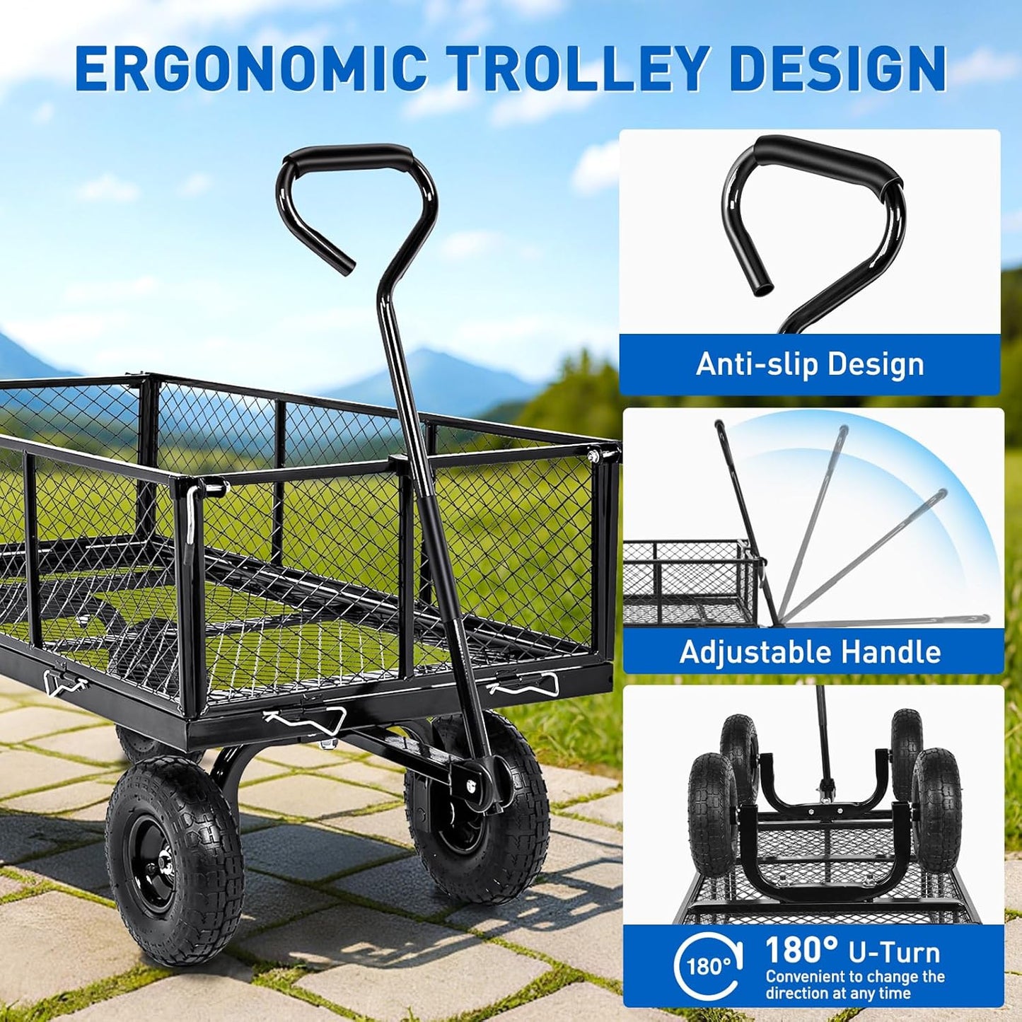 Yesker Steel Garden Carts - 1100lbs Dump Wagon with All Terrain Inflatable Wheels for Yard Lawn Farms Gardening - Heavy Duty Utility Outdoor Hauling Wheelbarrow