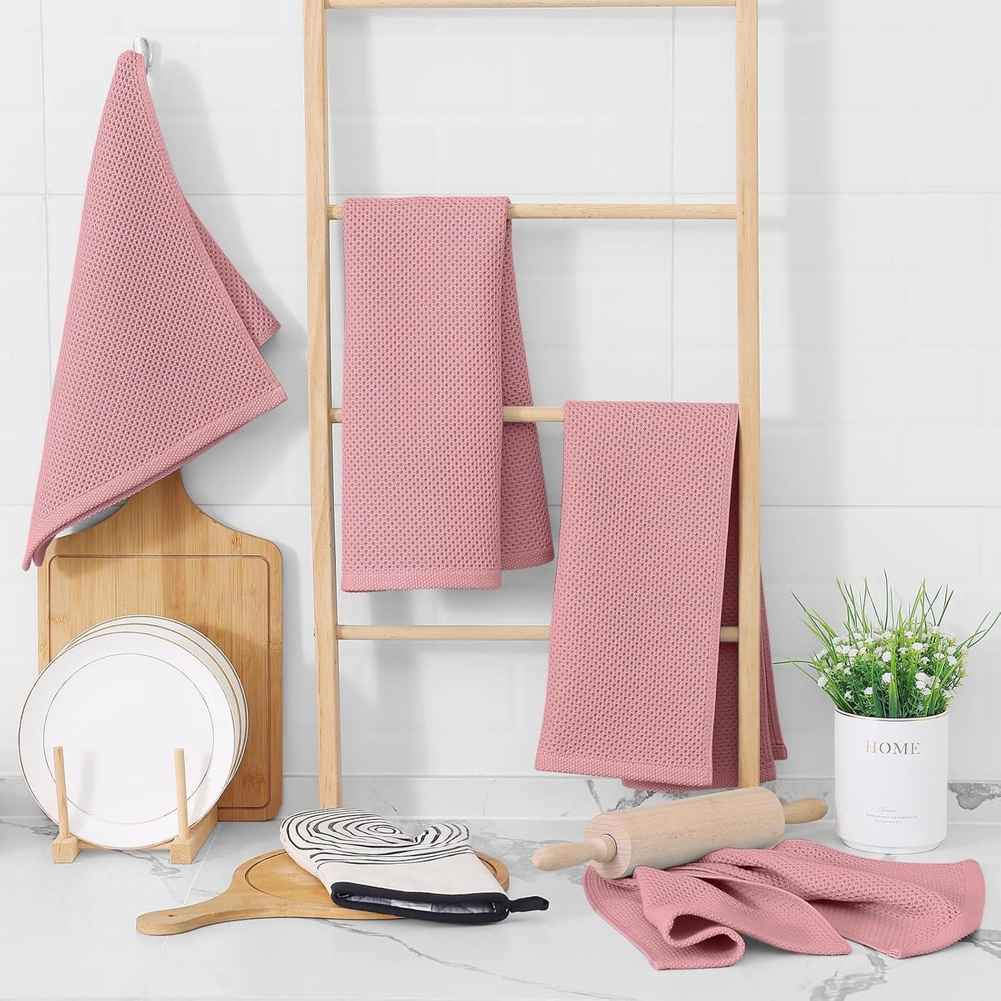 Homaxy 100% Cotton Waffle Weave Kitchen Dish Towels, Ultra Soft Absorbent Quick Drying Cleaning Towel, 13 x 28 Inches, 6-Pack, Dried Rose