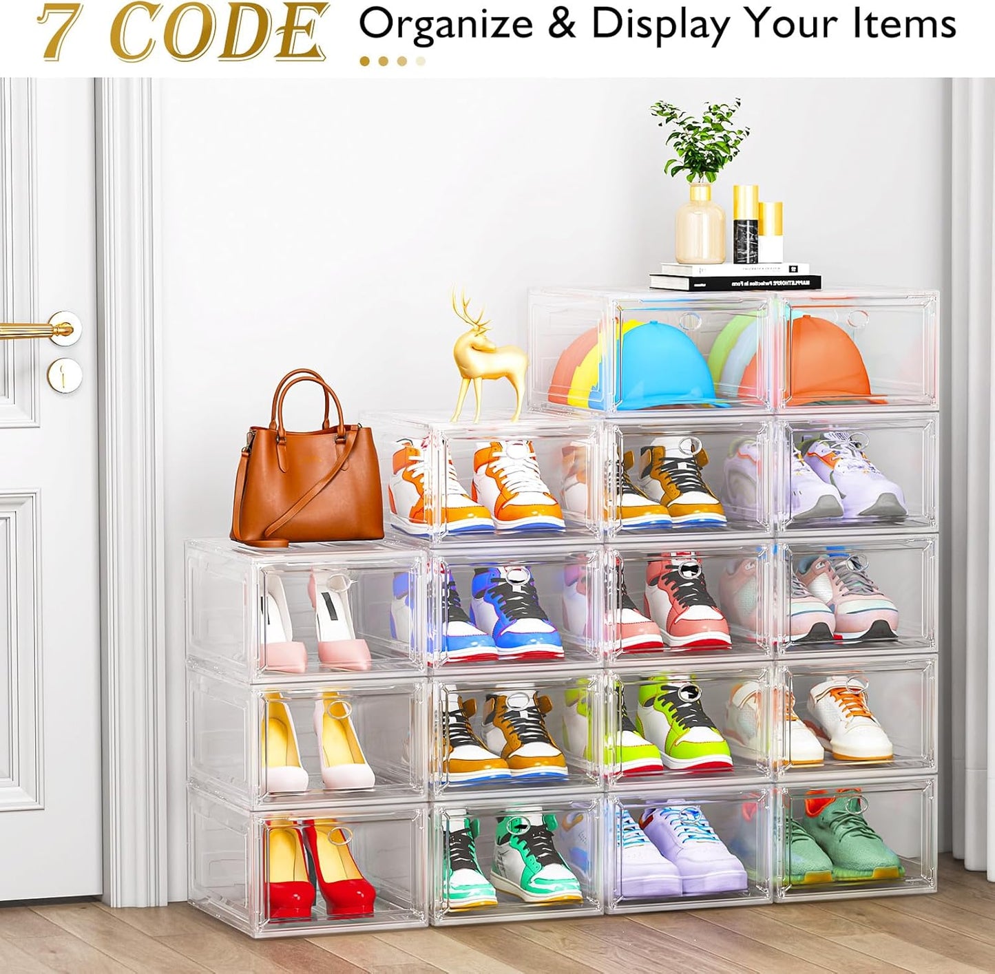 12 Pack Clear Shoe Storage Organizer with Magnetic Door,Stackable Plastic Shoe Boxes for Sneakers,Boots,and Heels,Space-Saving Foldable Shoe Rack for Closet,Durable Shoe Cabinet Organizer,White