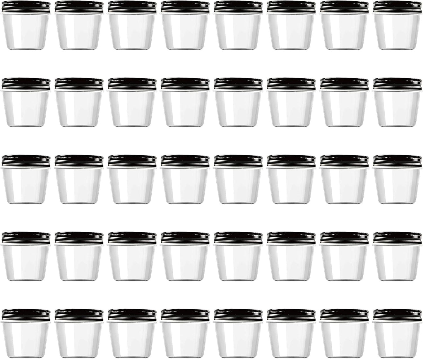 Novelinks 4 Ounce Plastic Jars with Black Lids - Refillable Round Clear Containers for Kitchen & Household Storage - BPA Free (40 Pack)