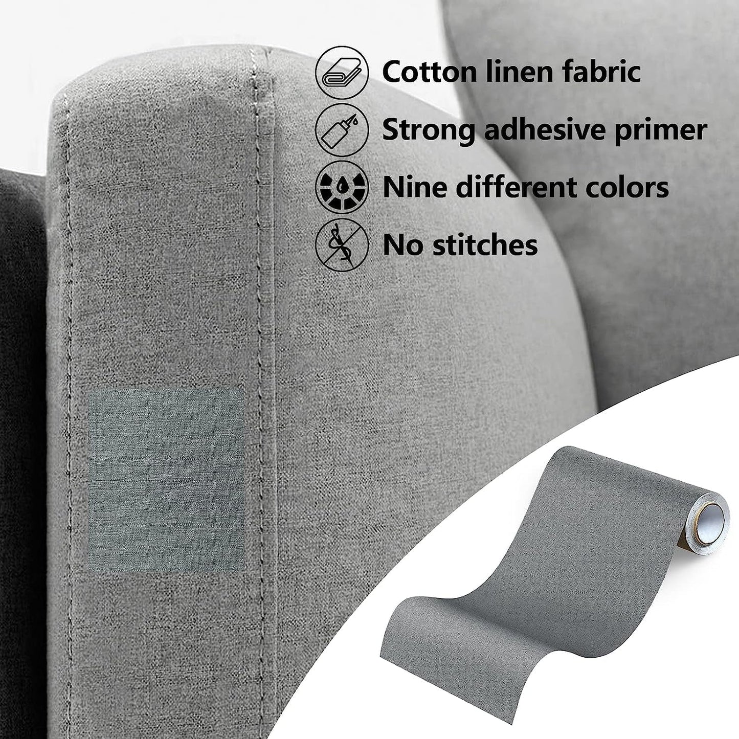 Fabric Repair Patches, Linen Repair Tape Self-Adhesive Fabric Patches Durable, DIY Large Linen Tape for Sofa, Couches, Furniture, Chair, Clothing （3.5X79 Inch, Grey）