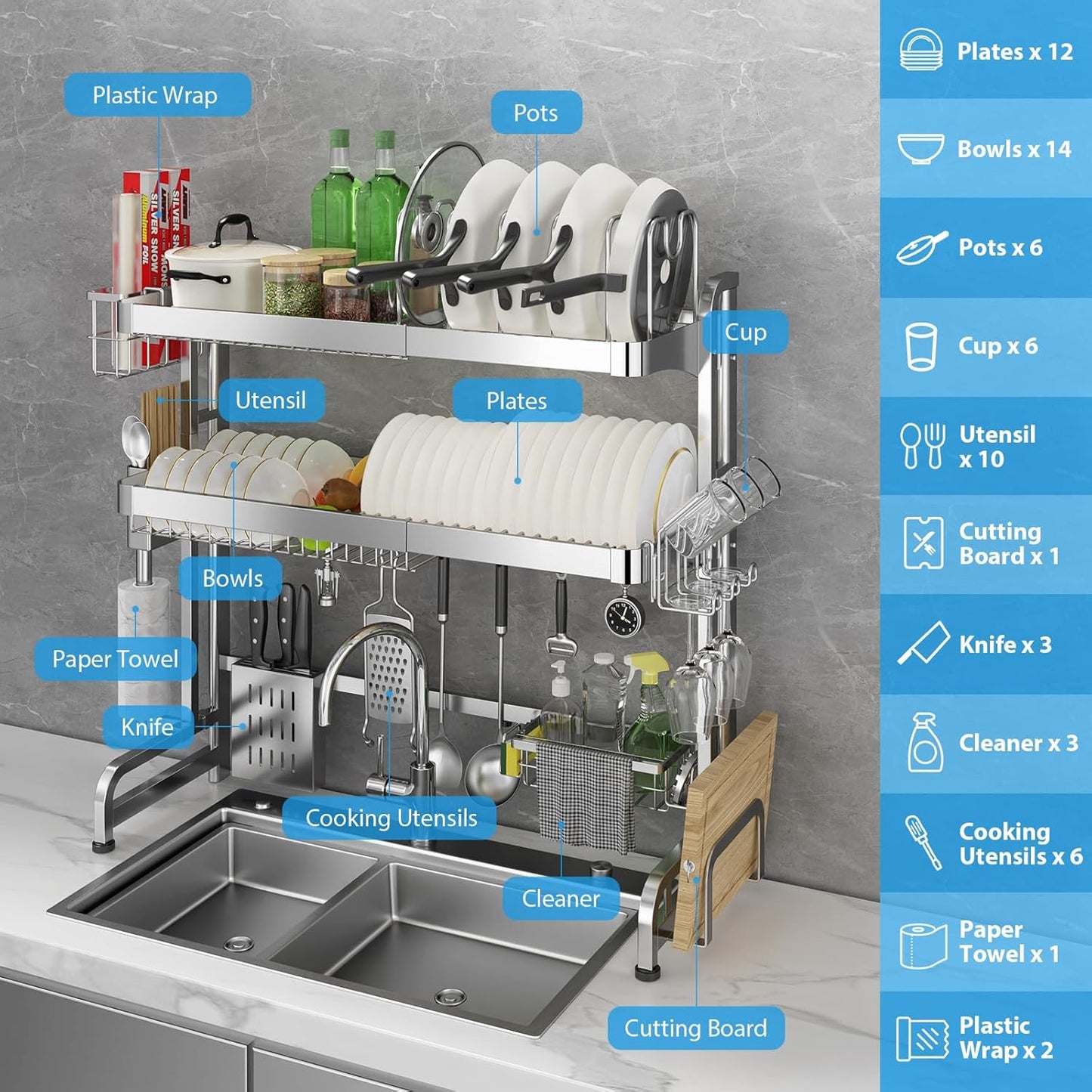 Over The Sink Dish Drainer Drying Rack, Full Stainless Steel 3-Tier Adjustable Length Over Sink Dish Drying Rack, Large Capacity Dish Rack Over Sink for Kitchen Counter, Pots & Pans Rack