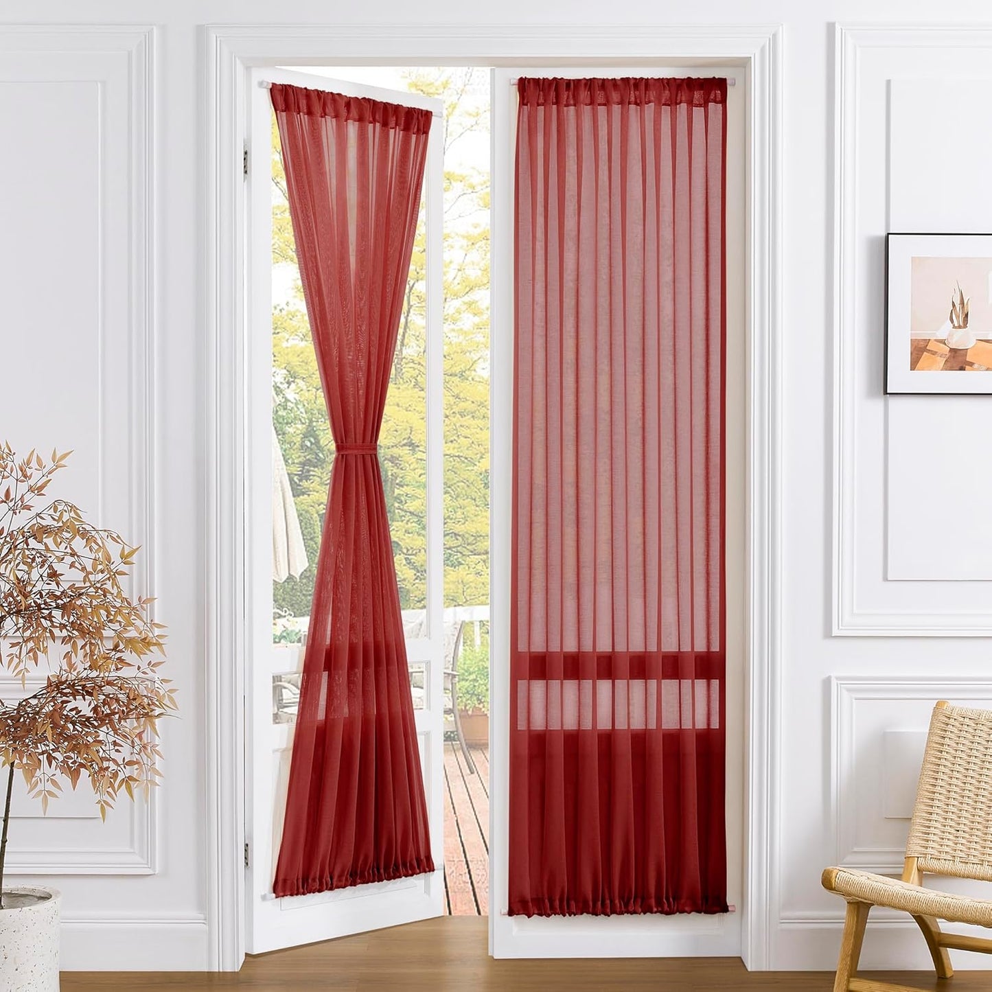Tollpiz Sheer Curtains Closet Linen Textured Curtain Sheers Doorway Light Filtering Voile Patio Glass Door Rod Pocket Curtains French Door, 54 x 80 inches Long, Burgundy Red, Set of 1 Panel