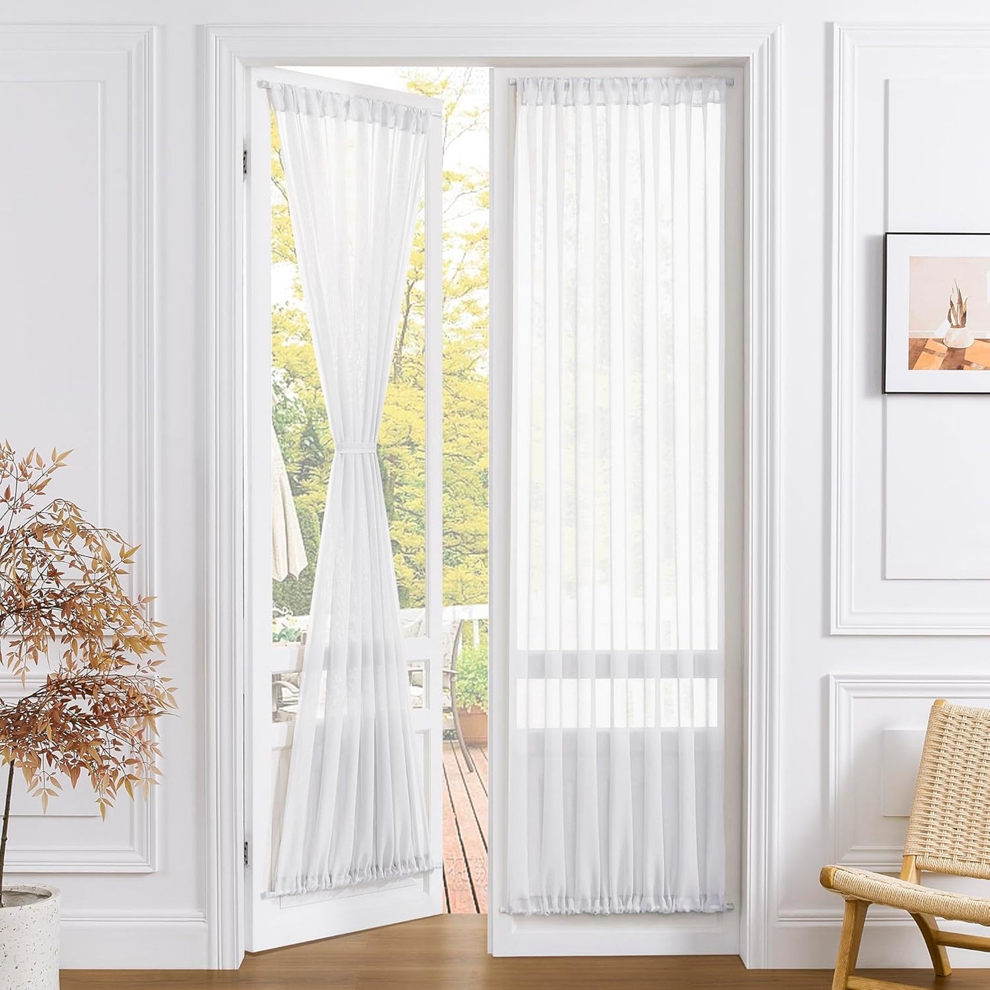Tollpiz Sheer Door Curtains Closet Linen Textured Curtains Sheer Doorway Light Filtering Voile Rod French Door Pocket Curtain Patio Glass Door, 25 x 72 inches Long, White, Set of 1 Panel