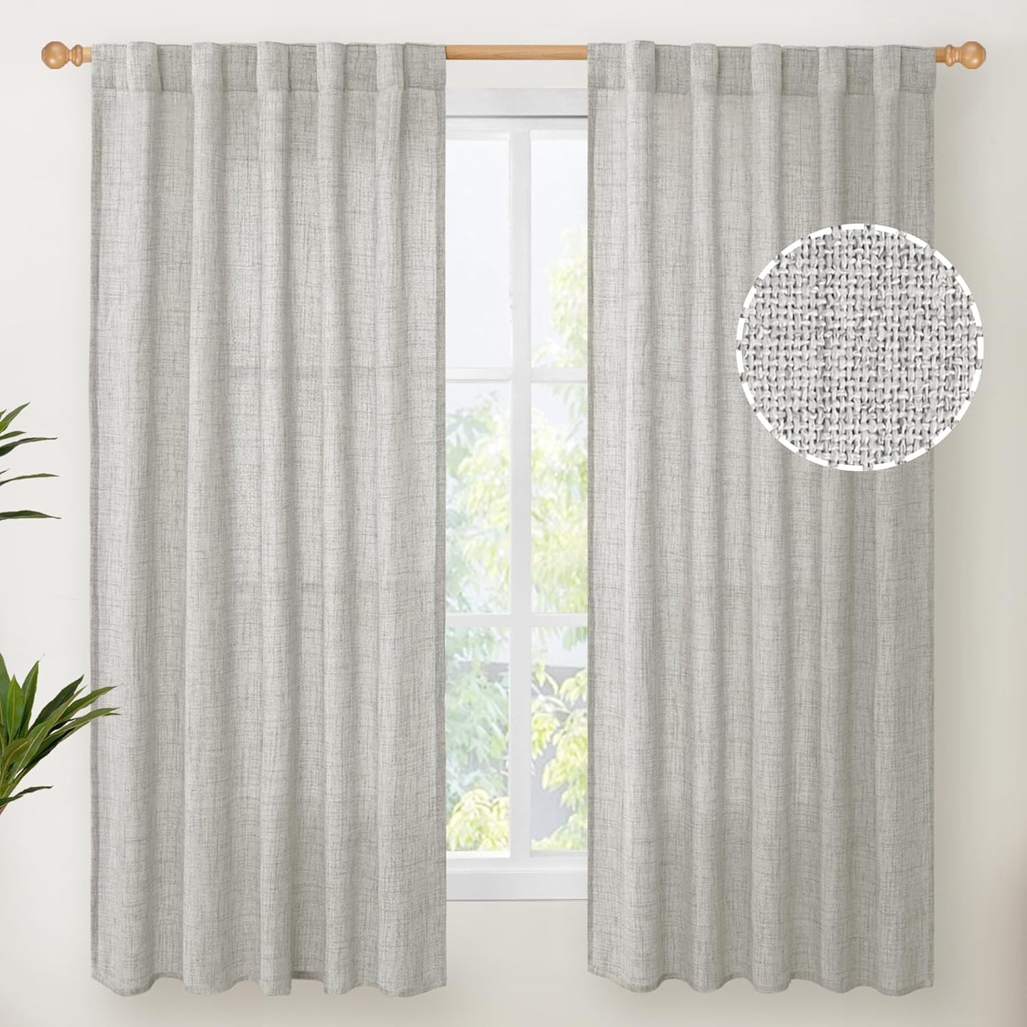 YoungsTex Linen Curtains 63 Inch Length for Living Room, Light Grey Semi Sheer Drapes Rod Pocket Back Tab Light Filtering Window Treaments for Bedroom Office, 38 X 63 Inch, 2 Panels
