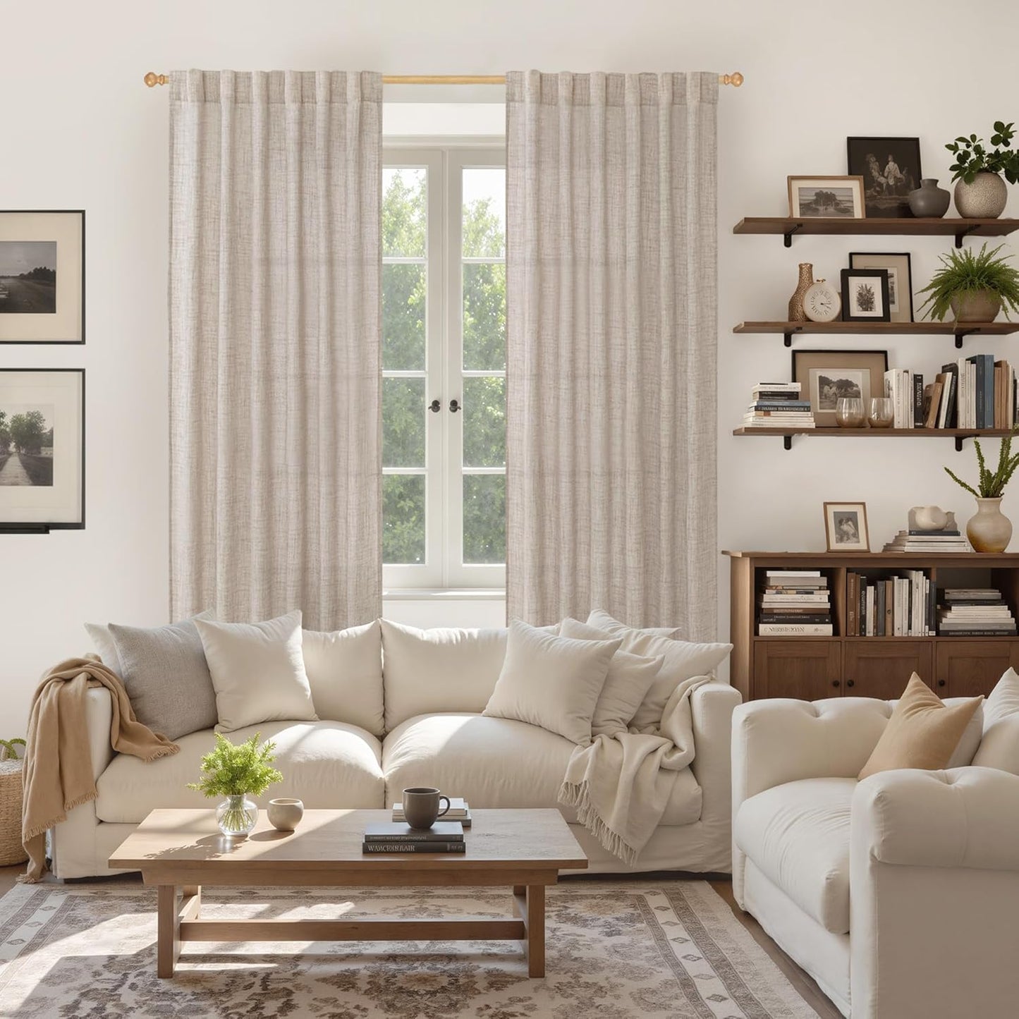 YoungsTex 84 Inch Length Linen Curtains for Living Room 2 Panels - Semi Sheer Drapes with Rod Pocket Back Tab Light Filtering Window Treatments for Bedroom Dining, Natural, 52 X 84 Inch