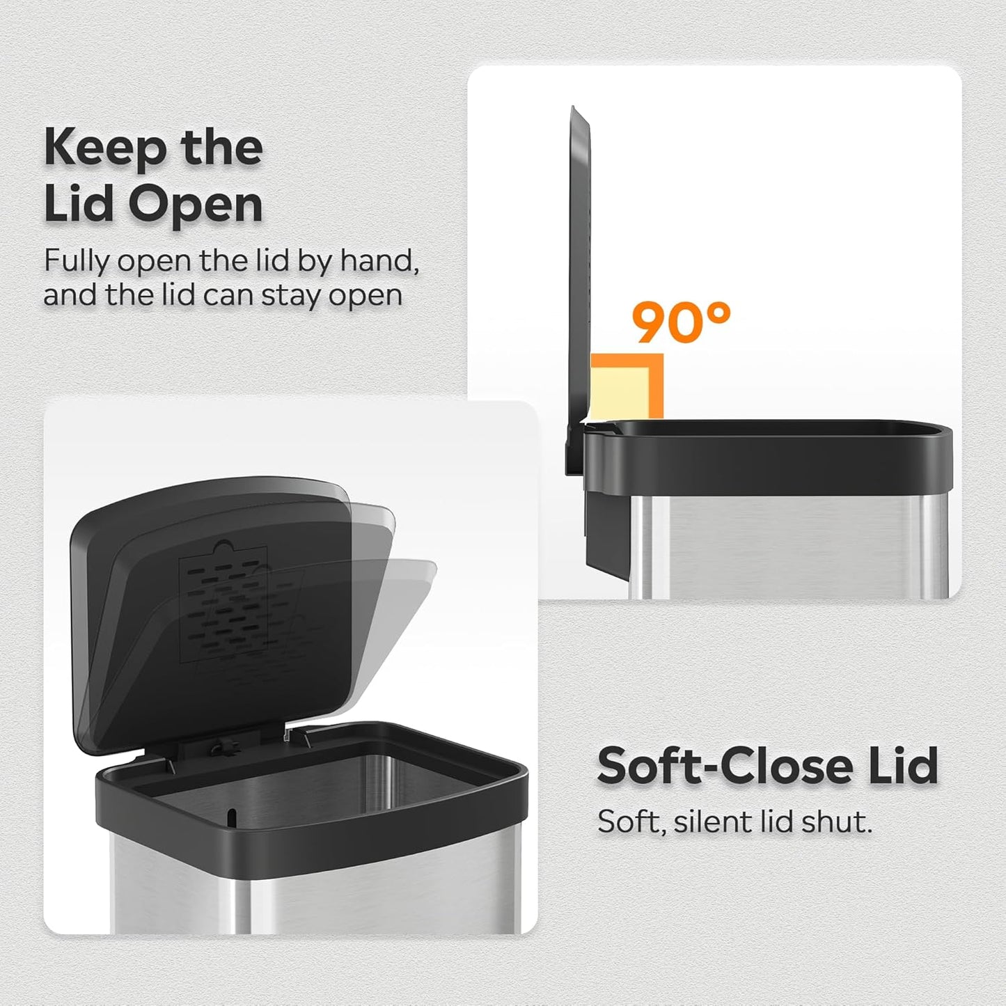 WLIVE 55 Liter Gallon Trash Can with Soft-Close Lid, 14.5 Gallon Brushed Stainless Steel Garbage Can, Kitchen Trash Can with Hands-Free Step, Integrated Bag Ring, Silver