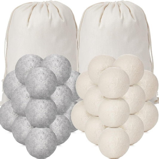 Roowest 32 Pieces Wool Dryer Balls Set 30 Reusable Wool Balls with 2 Muslin Bags Wool Laundry Balls Fabric Softener Ball Anti Wrinkle Anti Static Saving Energy and Time