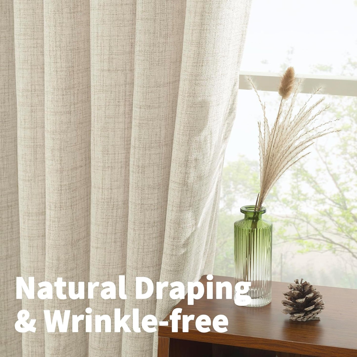 YoungsTex Linen Curtains 45 Inch Length for Kitchen Window, Cream Short Semi Sheer Drapes with Rod Pocket Back Tab Light Filtering Textured for Living Room Bedroom Bathroom, 2 Panels, 42 X 45 Inch