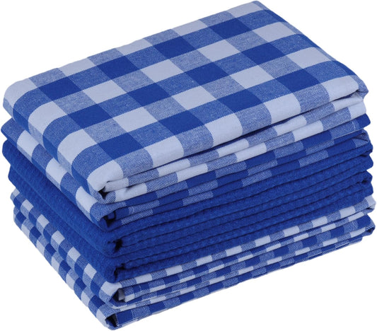 Kitchen Towels Set of 6 Soft Premium Cotton Highly Absorbent Dish Towels 18x28 Inches, Washable & Reusable Tea Towel, Quick Drying Dish Cloths with Hanging Loop - Blue/White, Checks