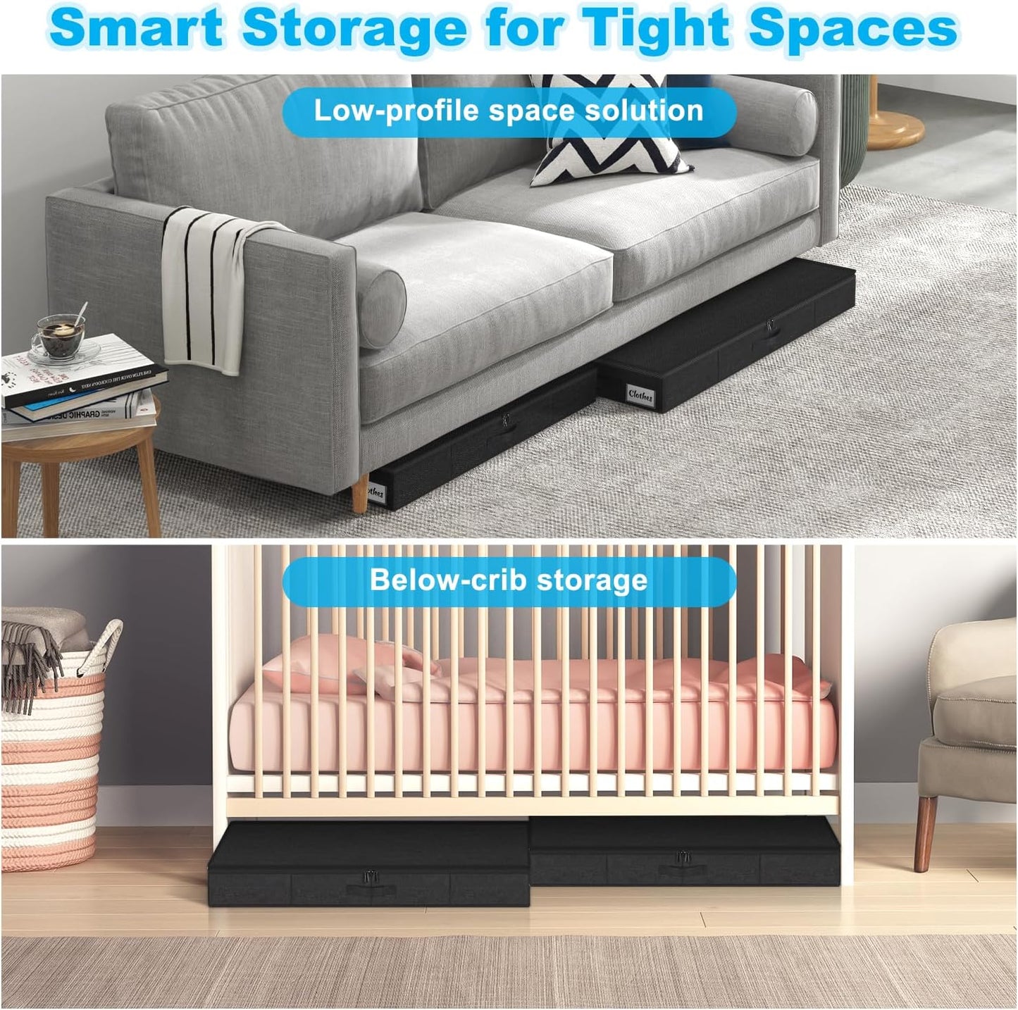 Under Bed Storage Container Bin 4 Pack, 4.5 Inch Slim Low Profile Underbed Clothes Storage Organizer for Dorm & Home, Use for Blanket and Toy Storage Box W/ Sturdy Bottom/Sides, Foldable Thick Fabric