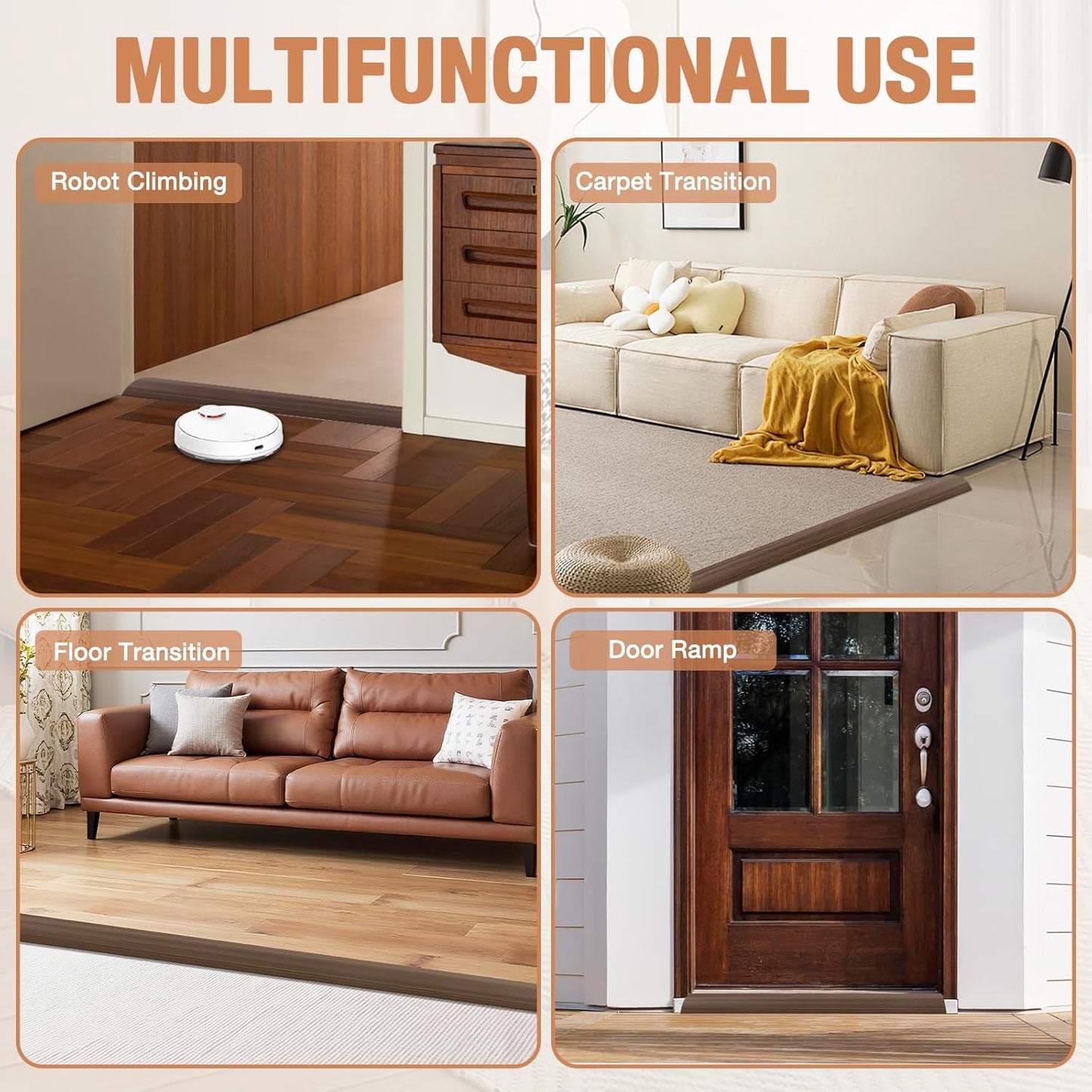 Floor Transition Strip Self Adhesive Vinyl Door Threshold for Doorways Carpet Edging Trim Overlap Edge Reducer for Laminate Floor, Carpet, Tile (Deep Brown Wood Grain, 3/5" to 4/5", 10Ft)