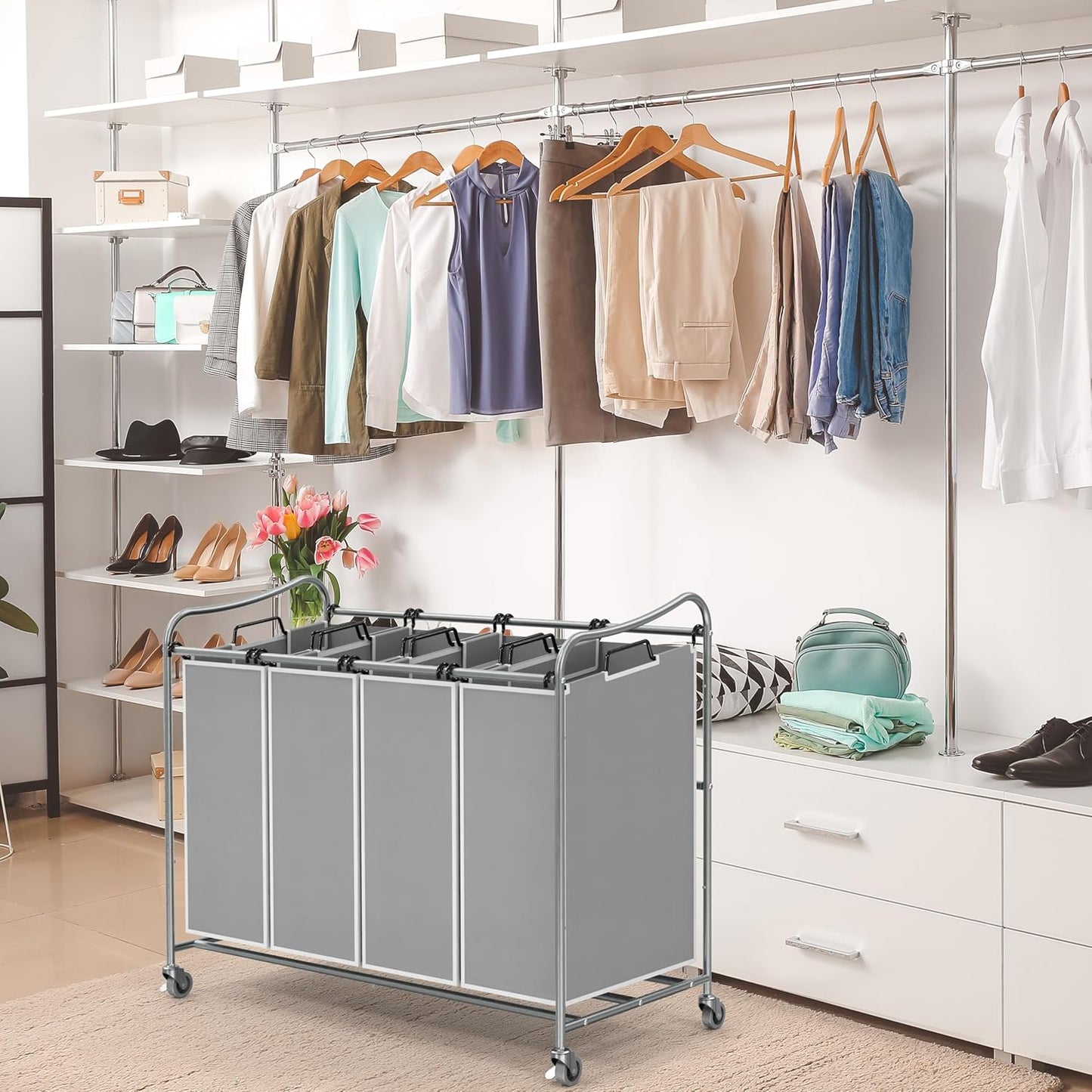 Simple Houseware 4-Bag Heavy Duty Laundry Sorter Rolling Cart, Silver