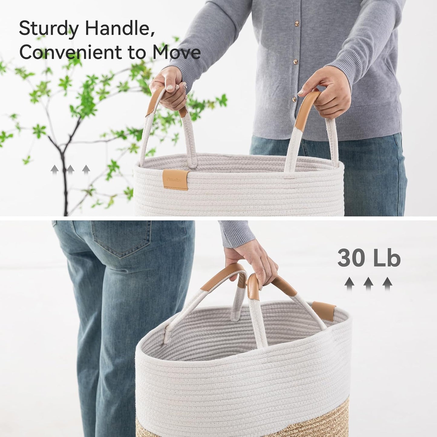 95L Striped Laundry Hamper with Leather Handles,Large Foldable Laundry Basket for Clothes,Cotton Rope Storage Bin for Blankets,Woven Clothes Basket for Bedroom,Beige Stripes