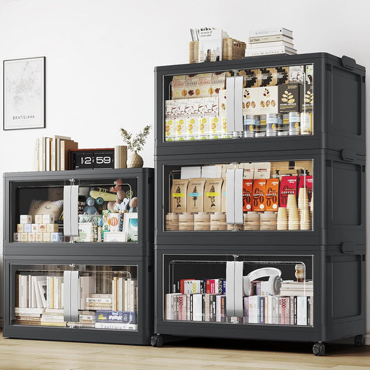 BROVIEW 800QT Stackable Storage Bins with Lids, 200Gal Extra Large Collapsible Storage Box with Wheel, Plastic Storages with Clear Door Open Front for Home Kitchen Garage, Black-5pack(5 lids)