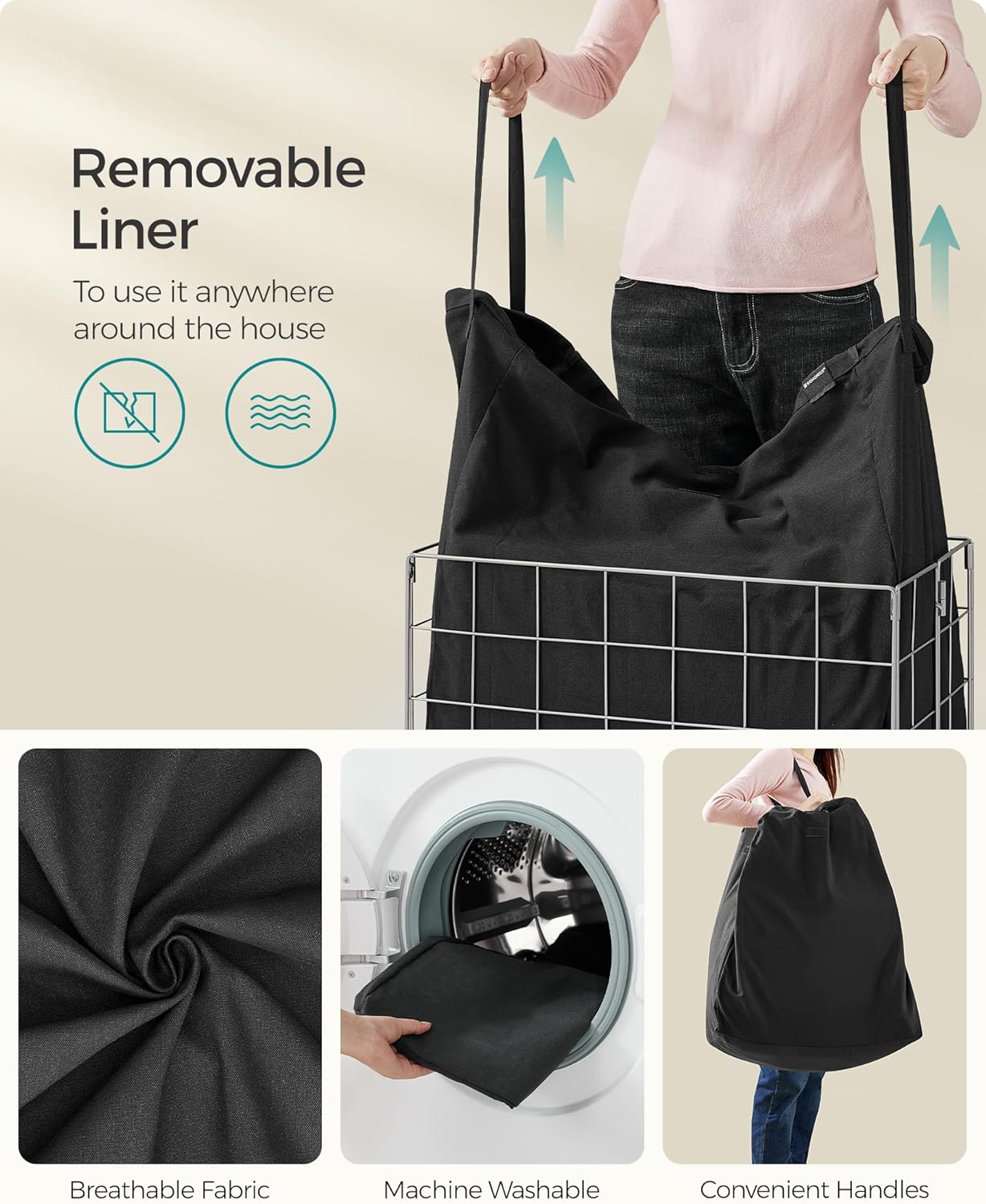 SONGMICS 29 Gal. (110L) Laundry Basket, Laundry Hamper, Collapsible Clothes Hamper, Removable and Washable Liner, Metal Wire Frame, for Bedroom Bathroom, Silver and Classic Black ULCB111B01