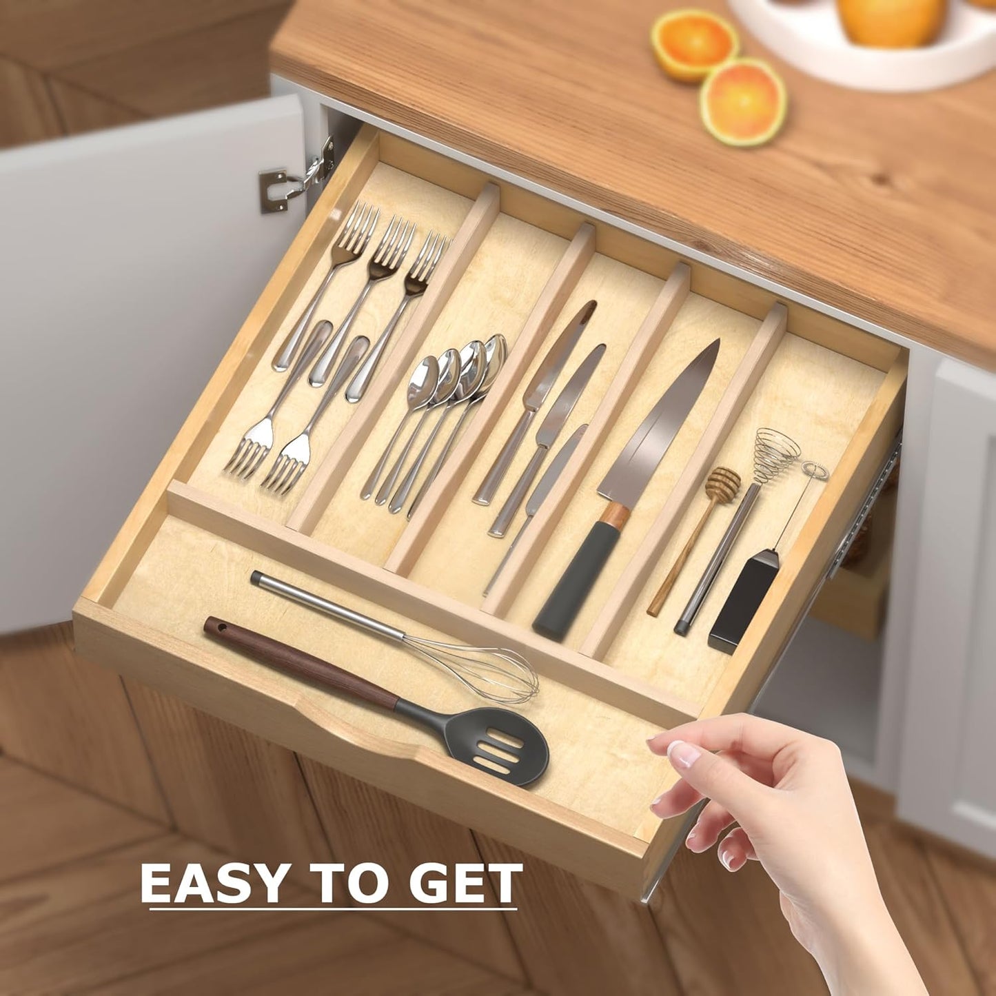 WelFurGeer Solid Birch Wood Silverware Drawer Organizer, Wooden Cutlery Drawer Organizer, Utensil Tray for Kitchen Drawers, Kitchen Utensil Organizer for Silverware, Flatware, Spoons, Forks, Knives