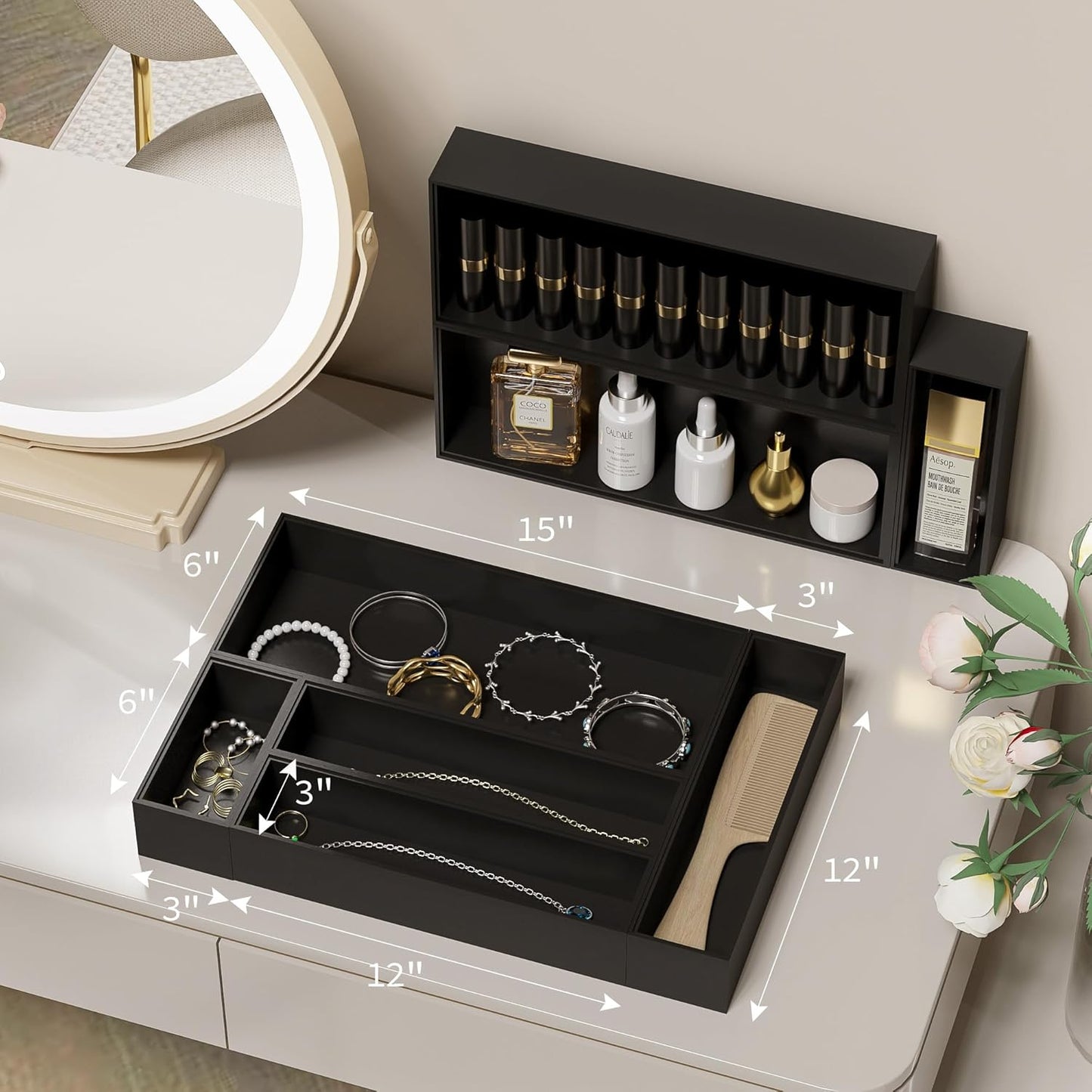 Kitchen Drawer Organizer Bins, Black Bamboo Drawer Organizer Stackable for Silverware, Utensils, Cutlery, Flatware, for Junk Drawer, Dresser, Bathroom, 6" x 3" x 2.5" (Set of 2)