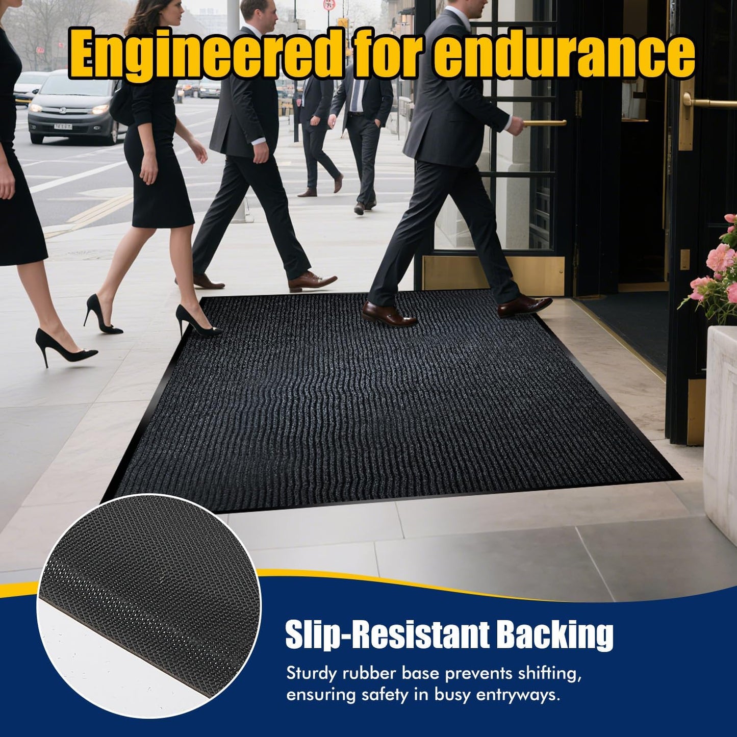 Extra Large Indoor/Outdoor Entrance Mat - 4 x 15 Feet, Rubber Border Door Mat Heavy Duty, Waterproof, Low-Profile, Easy to Clean, Rubber Entry Mat,Commercial Floor Mat, Charcoal Grey