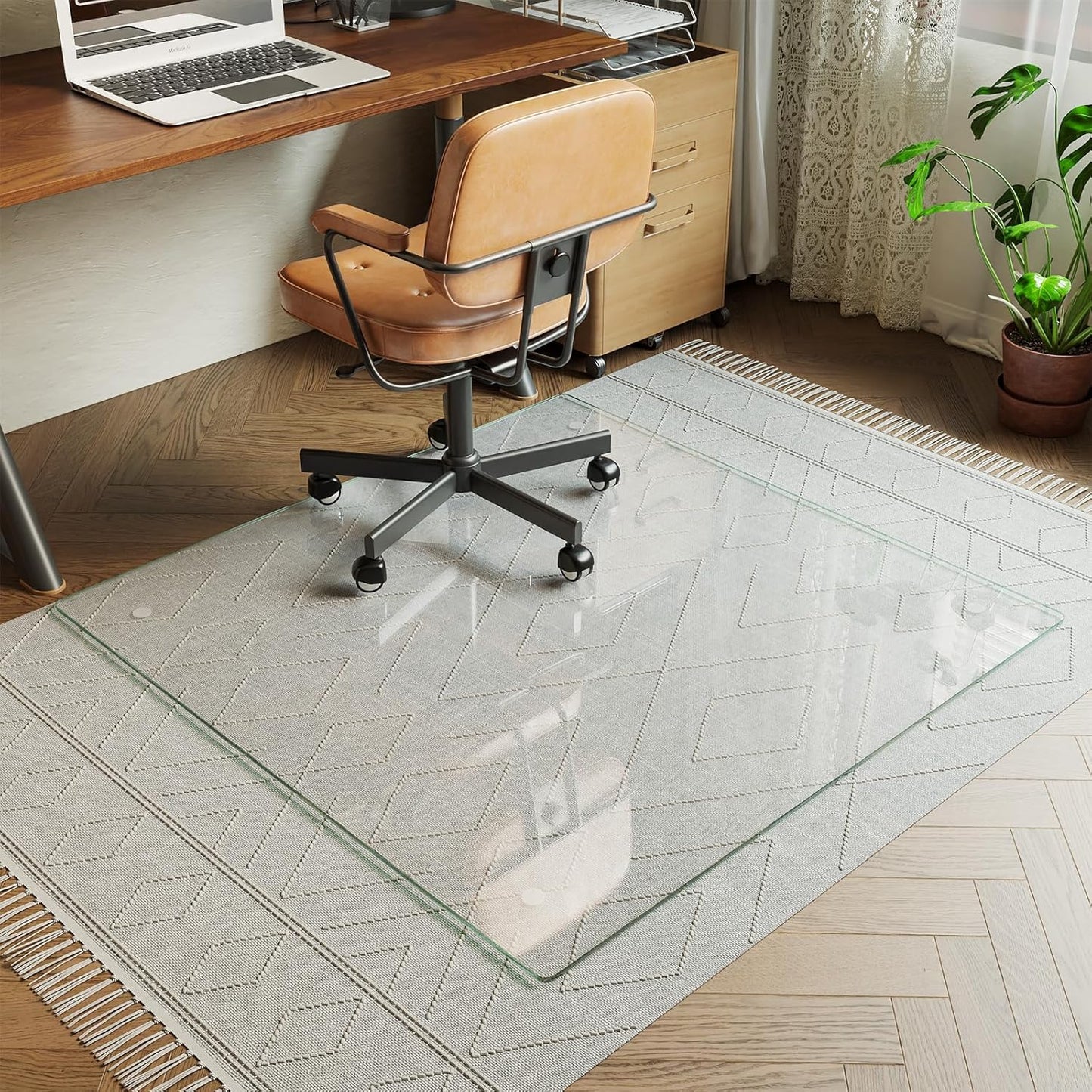 Koonmi Tempered Glass Chair Mat for Hardwood Floors & Carpets, 46" x 46“ Transparent Heavy Duty Office Floor Protector with Noise-Free Gliding Shatterproof for Home Office Desk