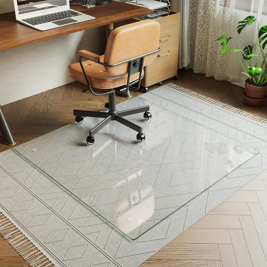Koonmi Tempered Glass Chair Mat for Hardwood Floors & Carpets, 46" x 46“ Transparent Heavy Duty Office Floor Protector with Noise-Free Gliding Shatterproof for Home Office Desk