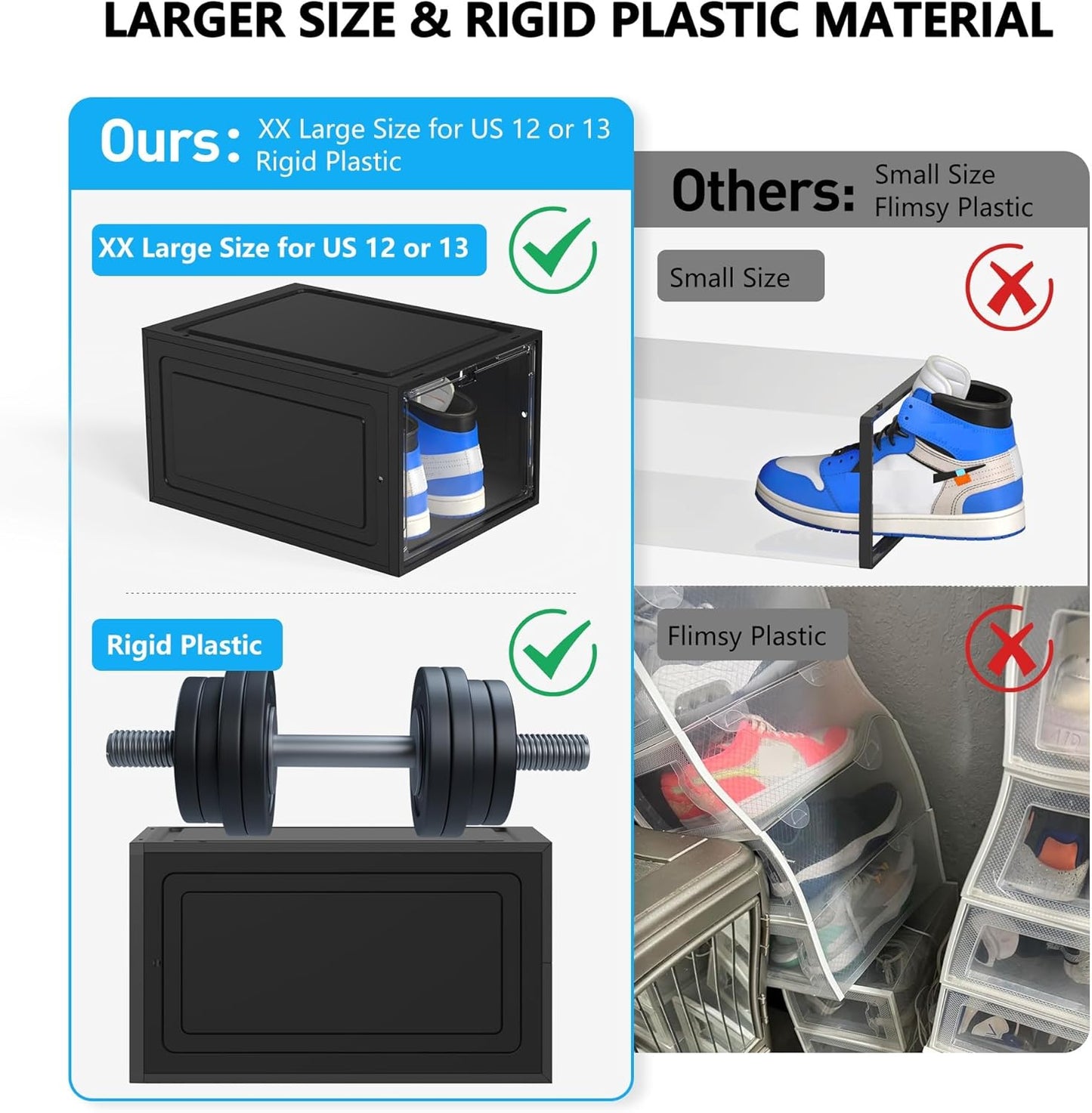 12 Pack Hard Sturdy Thickened Rigid XX Large Shoe Storage Organizer for Closet, Clear Stackable Sneaker Shoe Boxes Rack Containers Display Case Bins with Lids, Black03