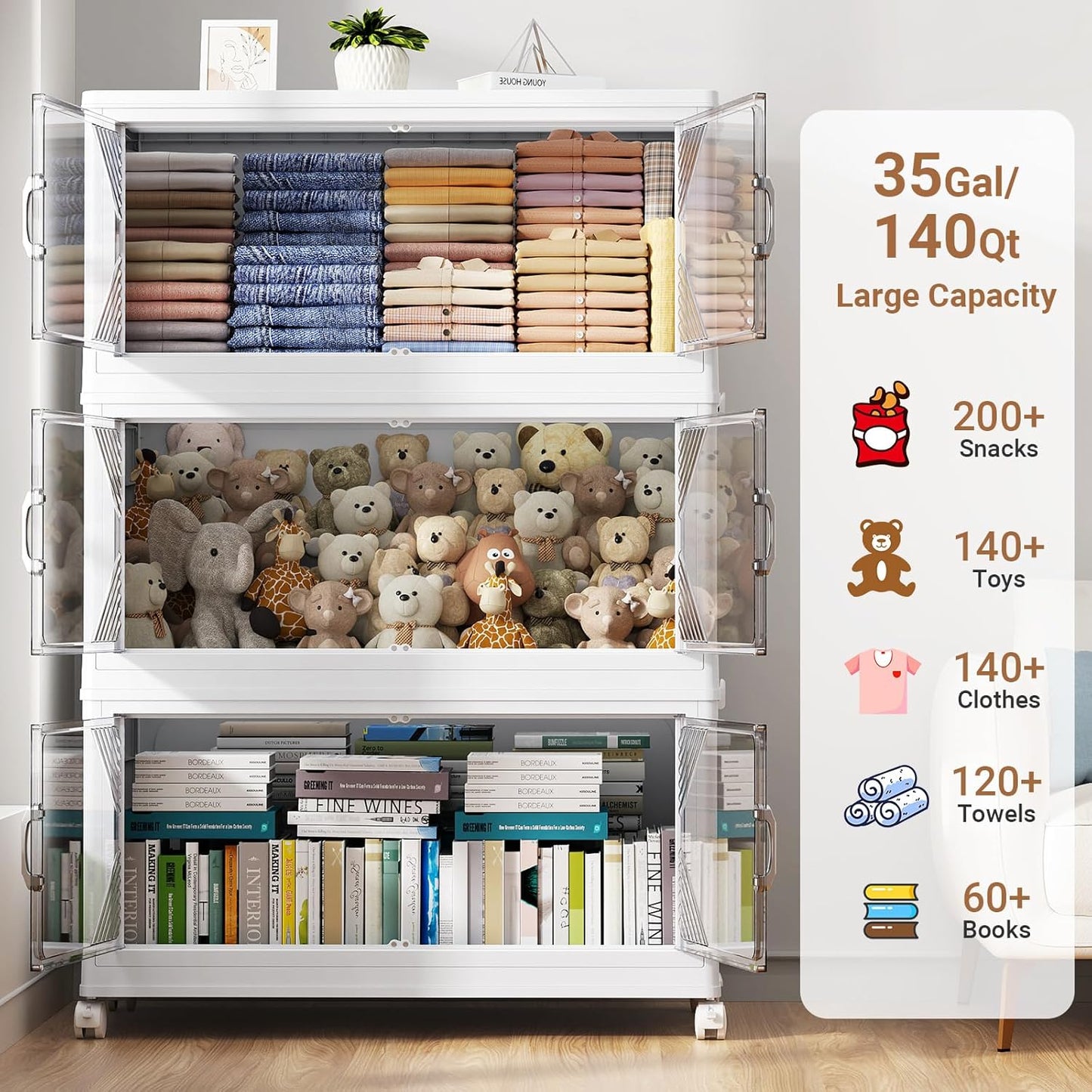 175Gal Plastic Stackable Storage Bins with Lid, 700QT Extra Large Closet Organizers Collapsible Cabinets Boxes With Drawers, Foldable Containers with 4x Wheels for Home Kitchen, V60 5Pack White