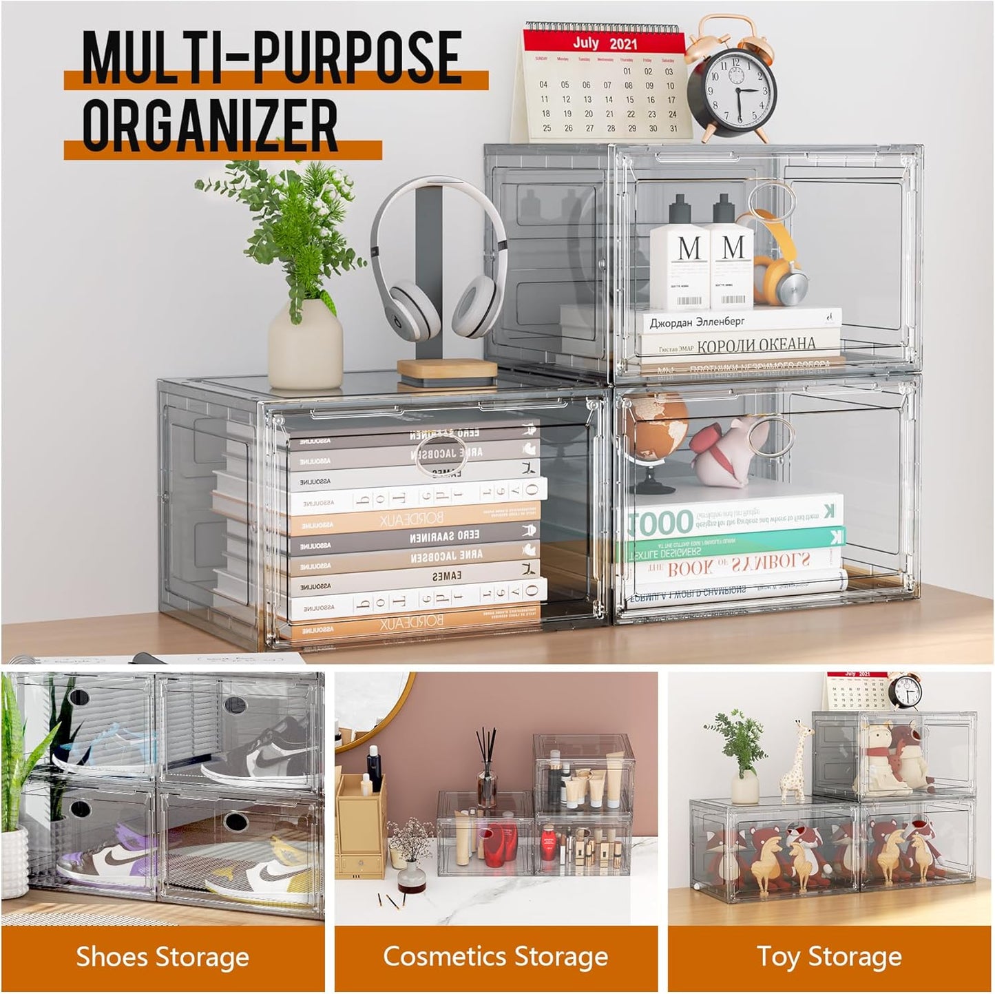 KEFA XL Shoe Storage Box Organizer, 6 Pack Shoe Boxes Clear Plastic Stackable, Sneaker Display Case Container Fit for US 13 (Side 6 PACK CLEAR)