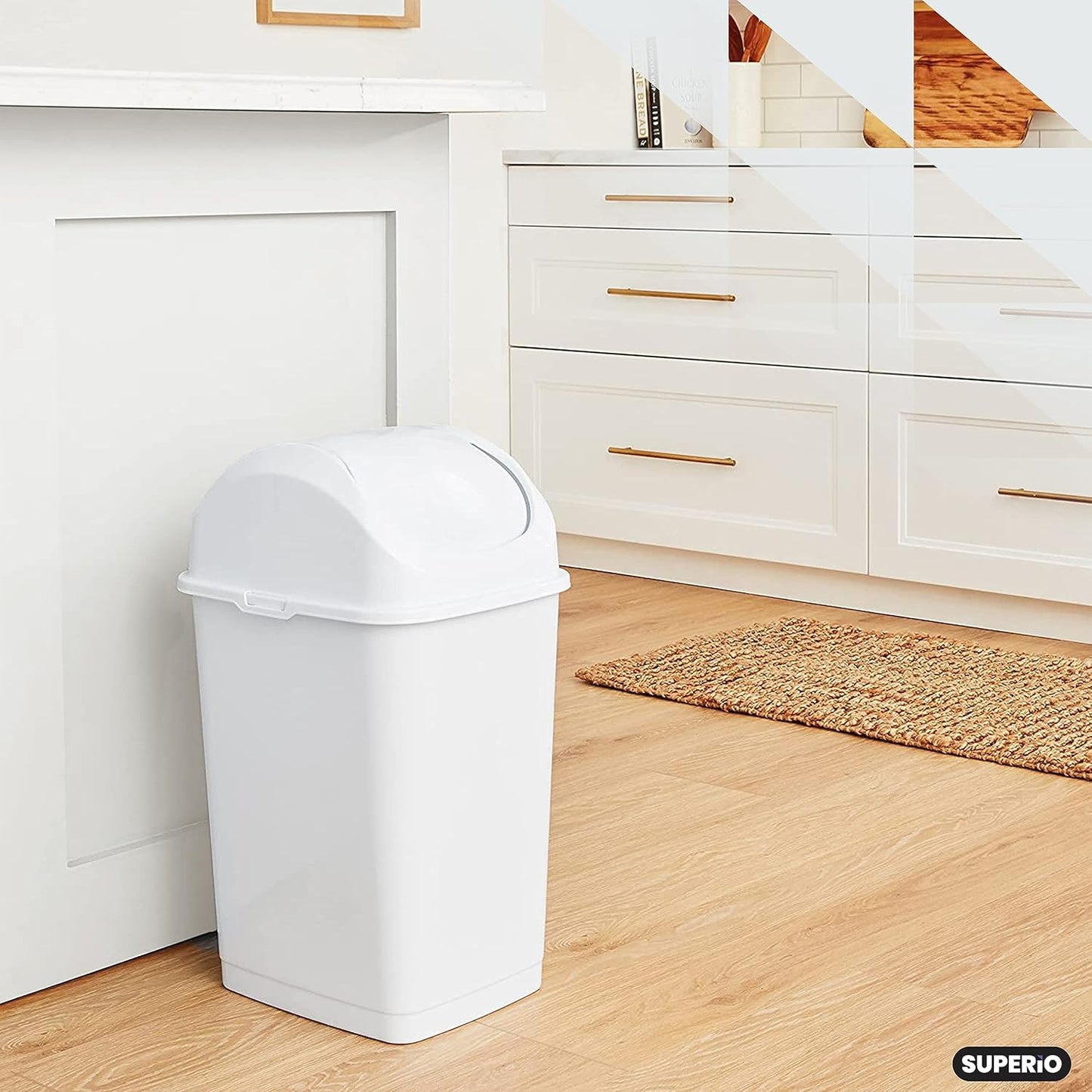 Superio Kitchen Trash Can with Swing Top Lid 9 Gallon Slim Waste Bin 37 Qt Sturdy Plastic Garbage Can Medium Recycling Bin for Office, Bathroom, Under Counter, Dorm, Bedroom (White-2 Pack)
