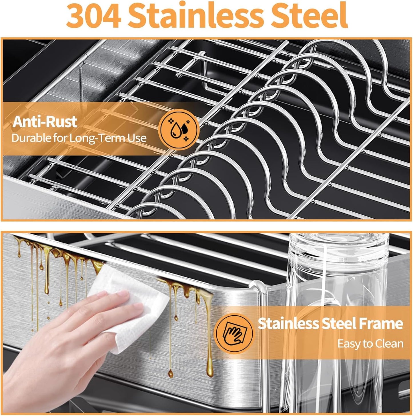 Expandable Dish Drying Rack for Kitchen Counter, 304 Stainless Steel Dish Rack, Multi-Function Dish Drainer, Large Dish Strainer with Cup Holder, Cutlery Holder, Extendable Large Size Silver