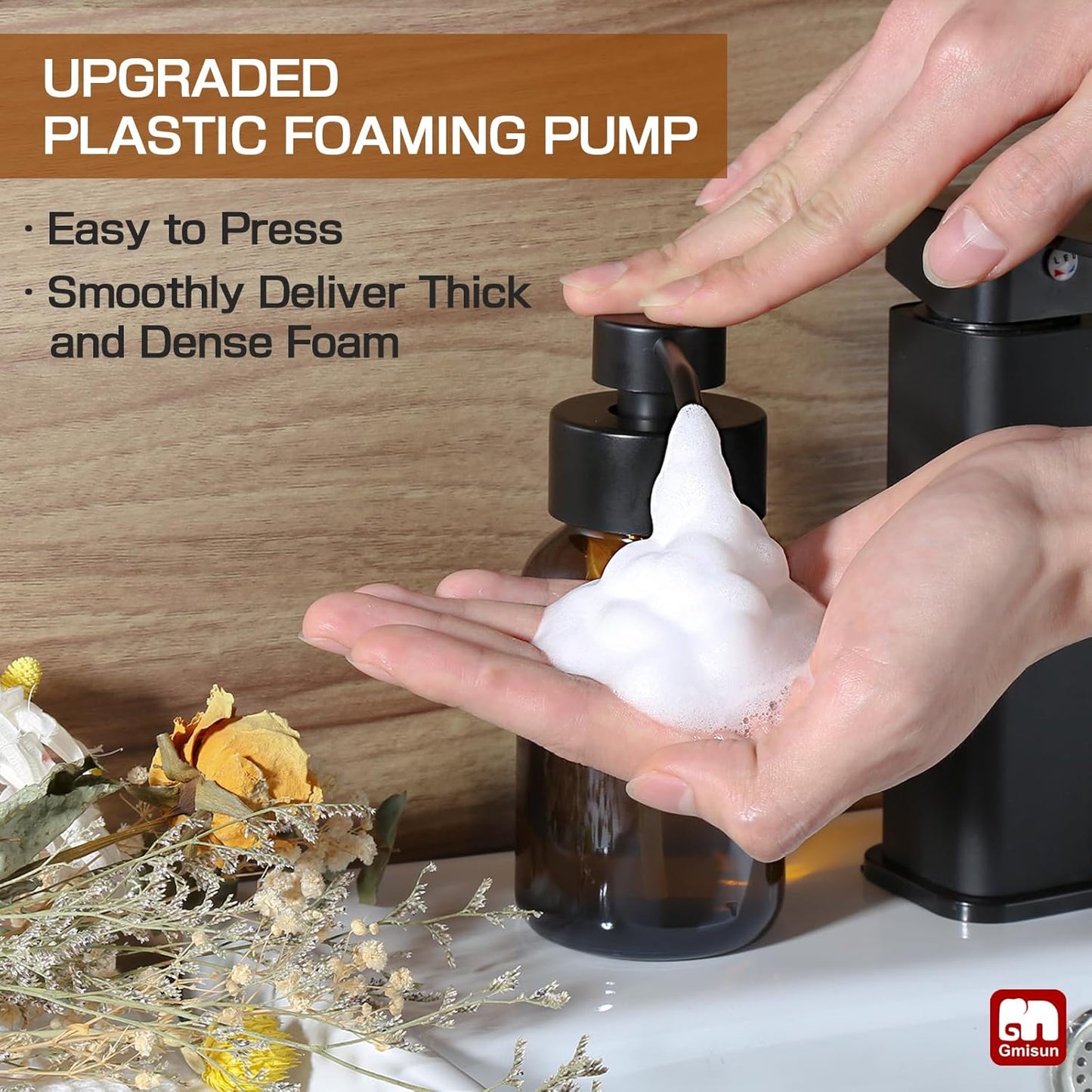 GMISUN Foaming Soap Dispenser, 4 Pcs 8.5 Fl oz Amber Glass Foam Hand Soap Dispenser for Bathroom & Kitchen, Refillable Hand Soap Foam Dispensers, Modern Amber Glass Pump Bottle with Waterproof Labels