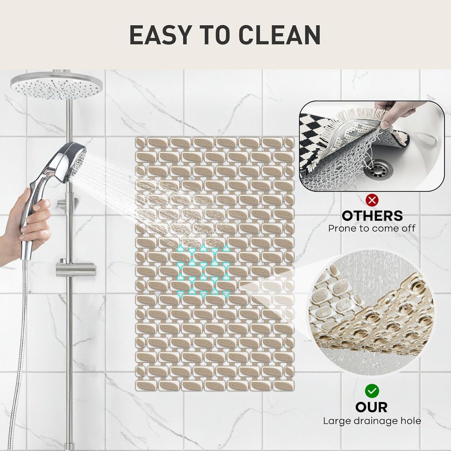 Shower Mat Non Slip Bathtub Mat, 27 x 16 Inch Eco-Friendly Soft Bath Mat for Tub Non Slip Shower Mats for Inside Shower with Suction Cups and Drain Holes, Easy to Clean Quick-Drying, Brown