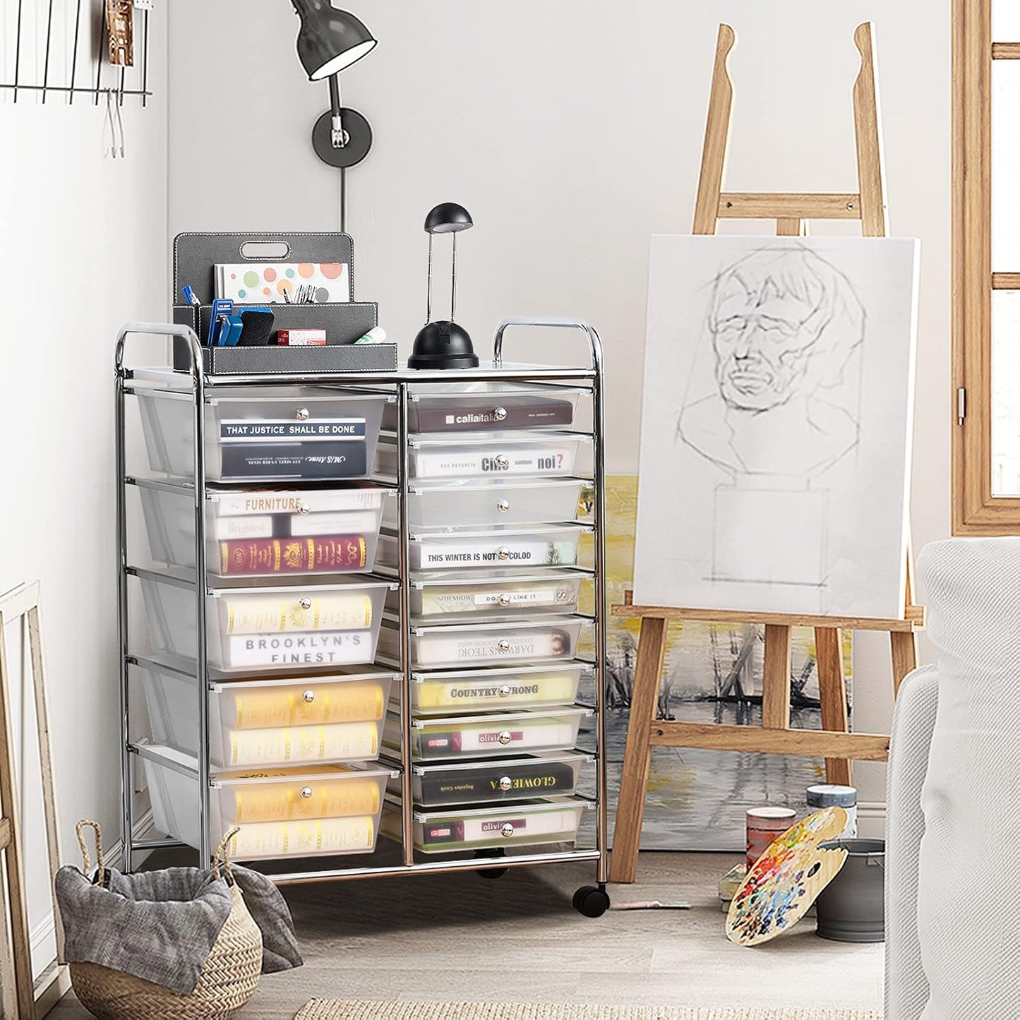 GOFLAME 15-Drawer Rolling Storage Cart, Multipurpose Movable Organizer, Utility Cart for Home, Office, School, Clear