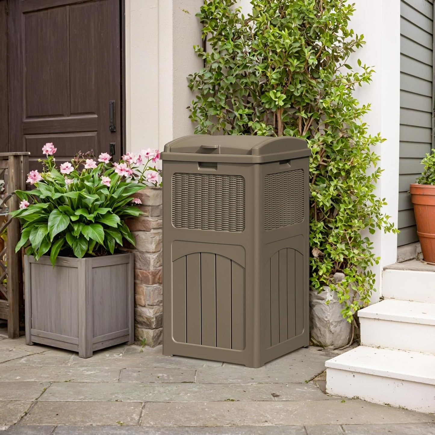YESHOMY 2 Pack Outdoor Trash Can with Lid, Garbage Bins for Garden, Porch, Home and Kitchen, Coffee