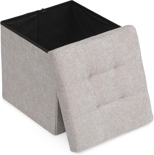 Athena Collection 15" Storage Ottoman Bench Folding Bench with 40L Hidden Storage, Small Cube Ottoman Linen Foot Rest Stool Chest with Flipping Lid for Living Room, Bedroom, Entryway, Sandy Beige