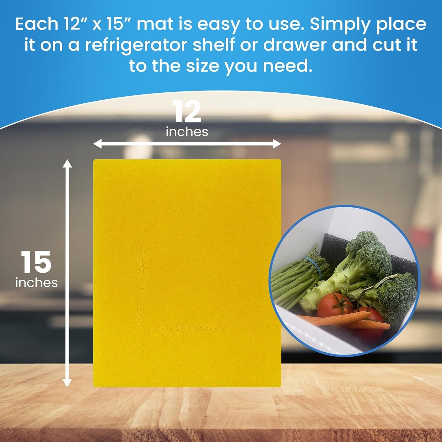 Bluapple FreshMats, Refrigerator Bin Liner, Fridge Drawer Mats, Crisper Life Extender Liner Keeps Produce Fresh Longer, Anti-Bruising, for Air Circulation, Washable & Reusable (4-Mats, 12x15, Yellow)