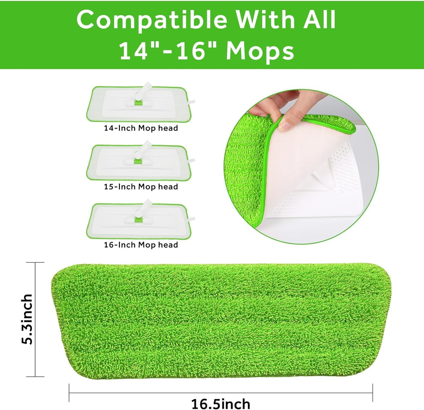 16.5 inch Mop Pads Refills, 3 Pack Microfiber Reusable Replacement Mop Pads Flat Replacements Heads for Wet Or Dry Floor Cleaning and Scrubbing, Green Cloth