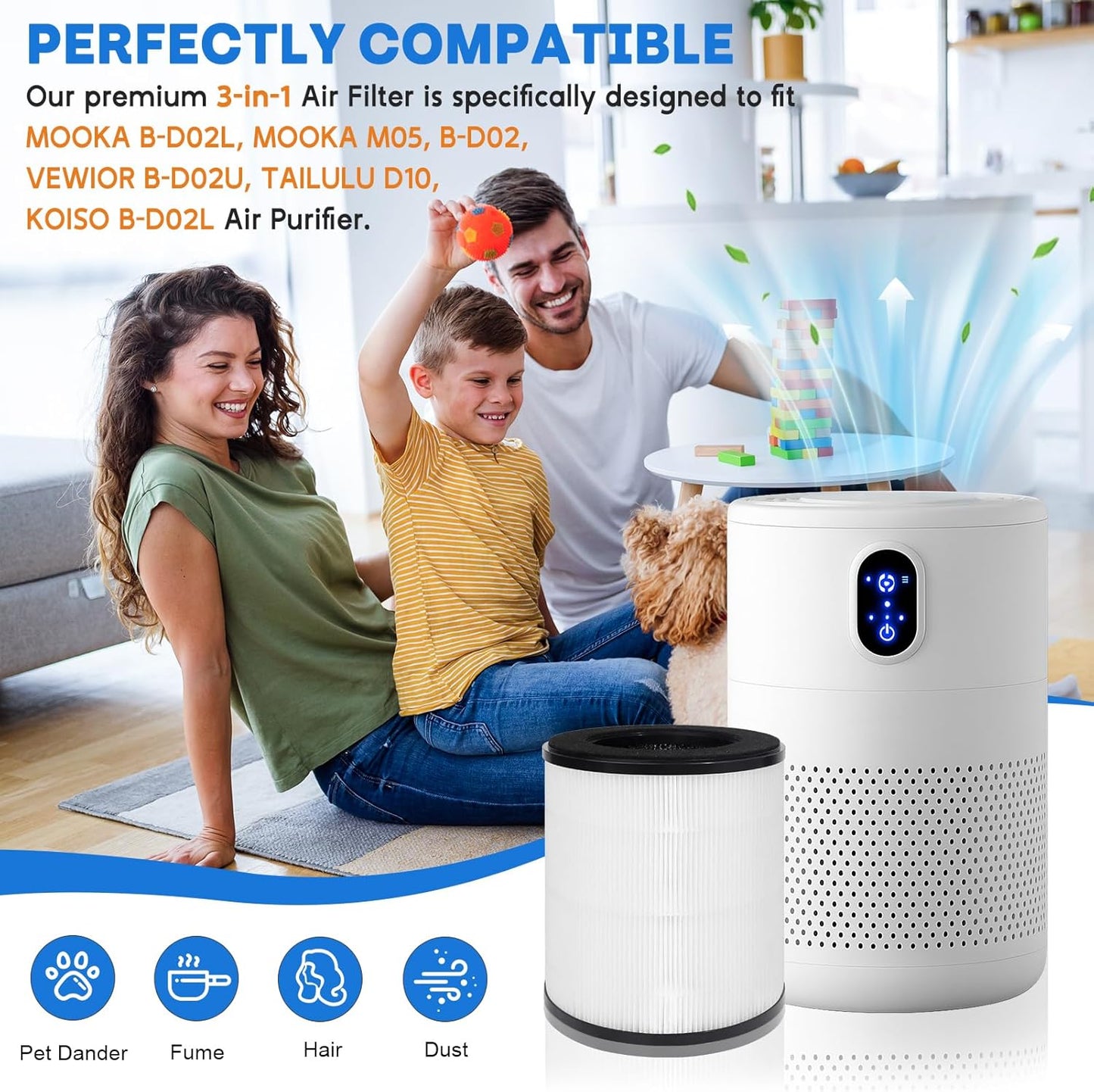 BD02L Air Filter Replacement Compatible with MOOKA B-D02L, M05,B-D02 Air Purifier, 3-in-1 Replacement Filter Fit for VEWIOR B-D02U, TAILULU D10, KOISO B-Do2, 2 PC, White