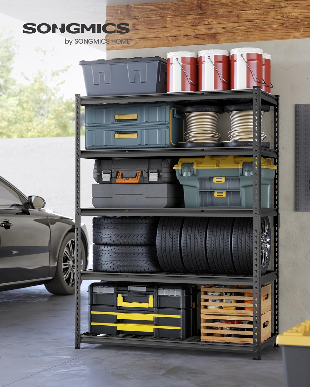SONGMICS 5-Tier Storage Shelves, Heavy-Duty Garage Shelving, Adjustable Shelving Unit, Steel Shelf, Boltless Assembly, for Garage, 2,200 lb Load, 24 x 144 x 72 Inches, Ink Black UGLR454B03