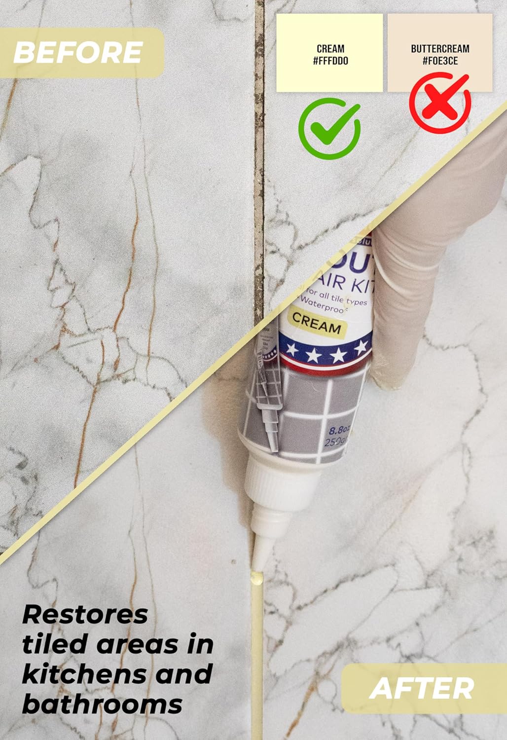 Tile Grout Repair, Cream 8.8 oz/250gr. Fast Drying Grout Repair Kit, Grout Filler Tube Repair Kit, Tile Grout Paint, Grout Sealer Restore and Renew Bathroom Floor, Tile Gaps, Joints, Lines