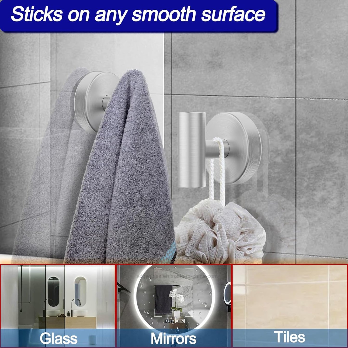Suction Cup Hooks, Shower Hooks for Inside Shower – Removable Towel Hooks for Bathroom Window Glass Mirror Tile, Bath Robe Looafh Hook for Hanging – Waterproof & Rustproof, Silver(4 Pack)