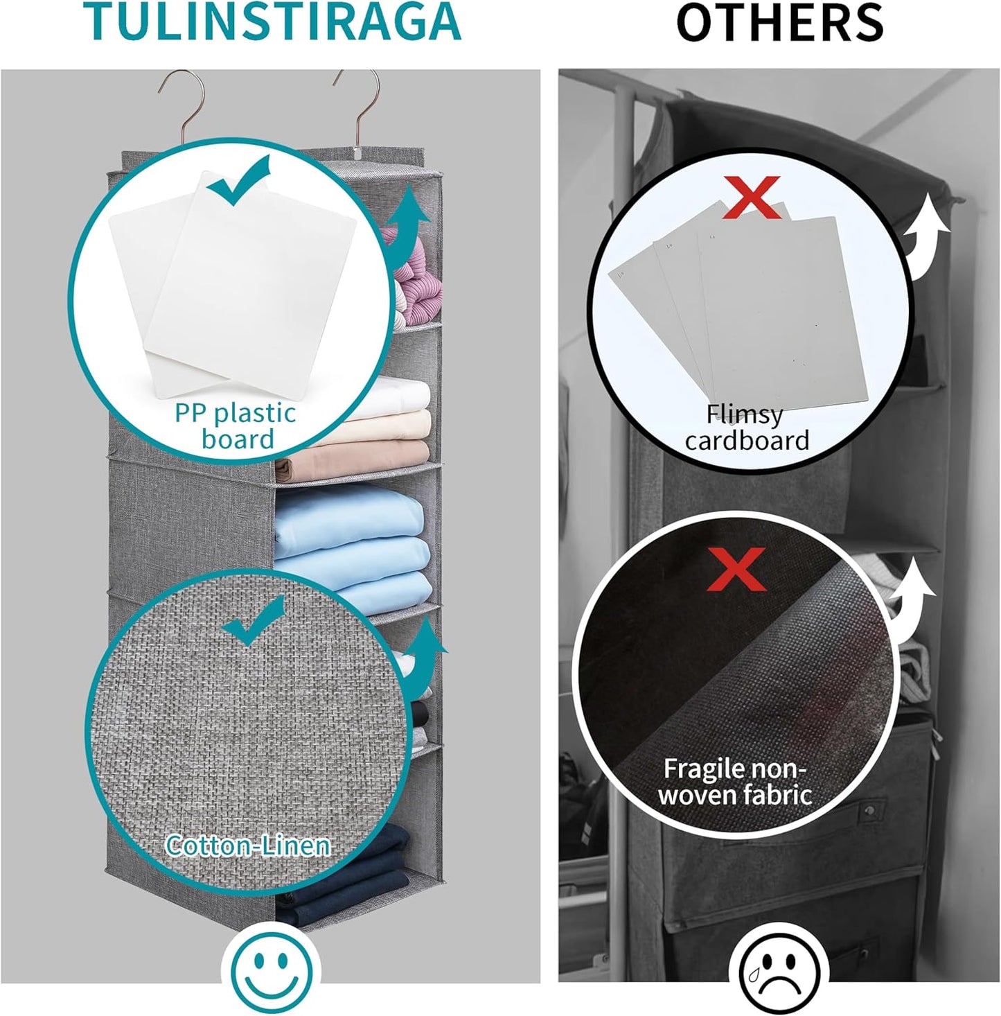 Large Hanging Sweater Organizer for Closet,Collapsible 6-Shelf Hanging Closet Shelves with Drawers, Washable (Grey-5 Shelf-2 d)