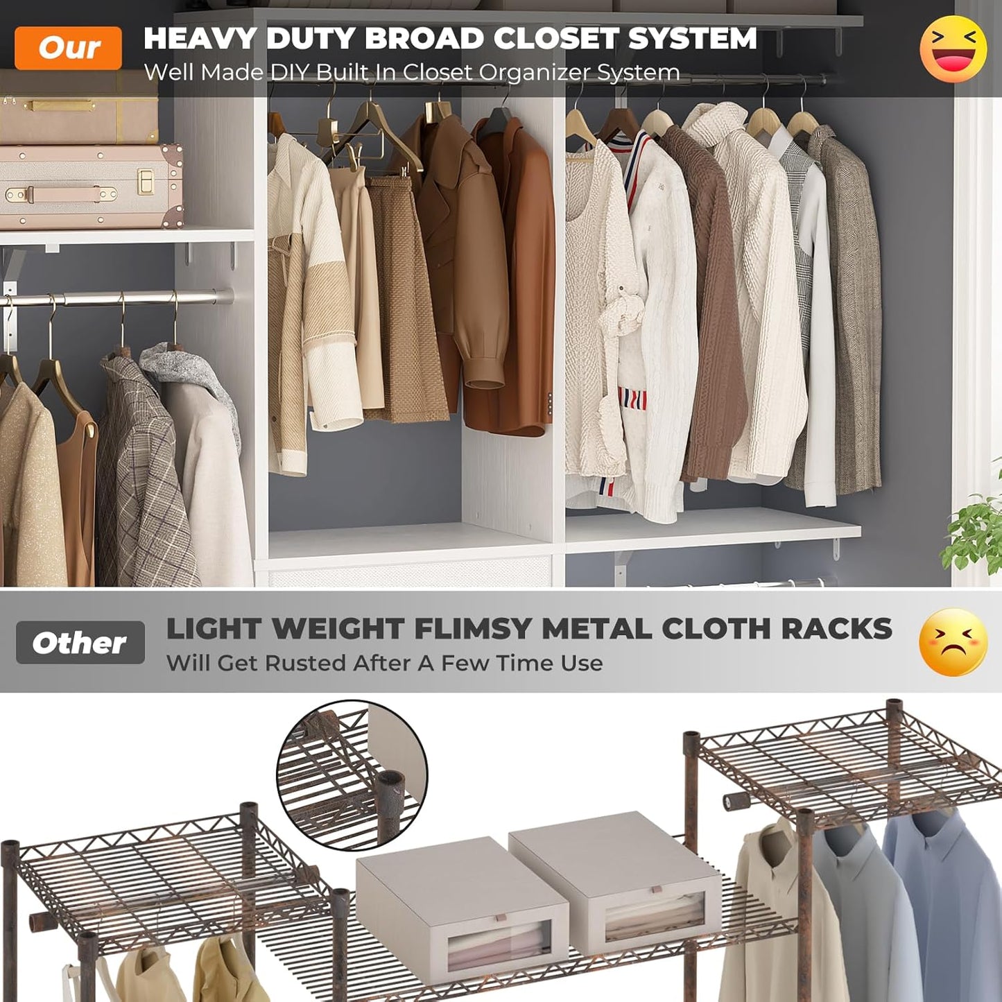 Armocity 5FT Small Closet System with 3 Fabric Drawers, 60 Inches Walk In Closet Organizer System With 3 Adjustable Shelves, Heavy Duty Clothes Rack Built-In Garment Rack, 59" L x 16" W x 71" H, White