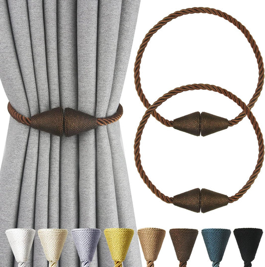 2 Pack Magnetic Curtain Tiebacks Rope Modern Handmade Curtain Tie Backs Decorative Drapes Weave Holdbacks for Window Décor, Coffee
